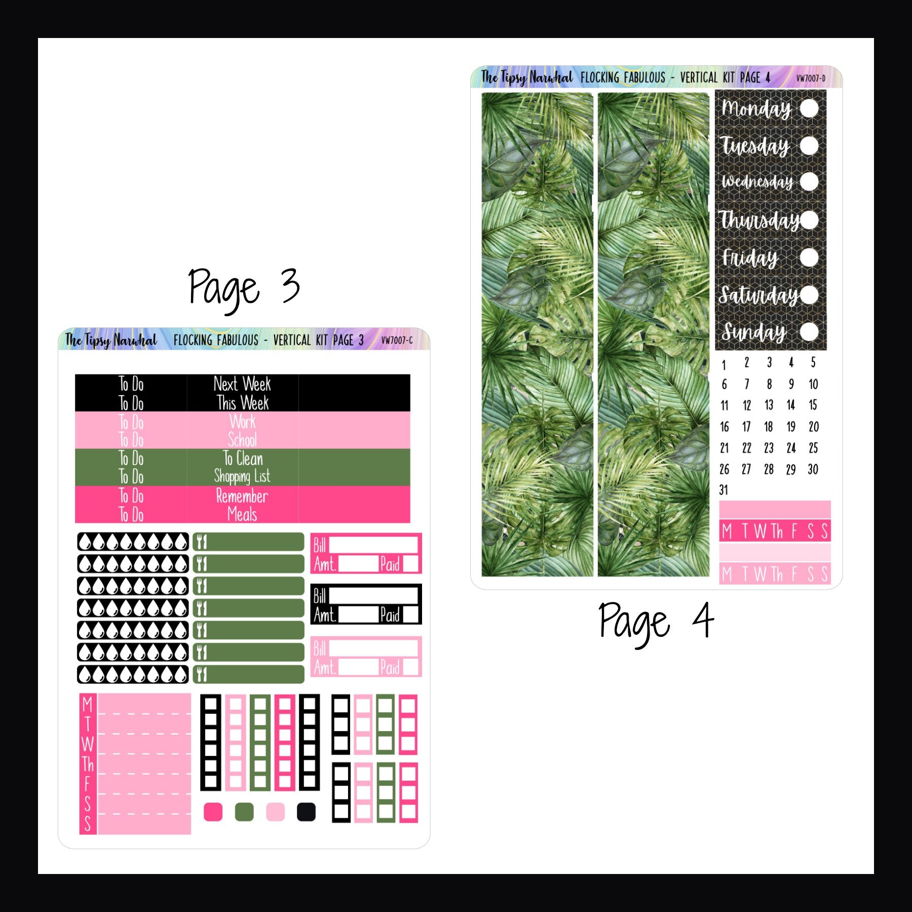 Digital Flocking Fabulous Vertical Kit Pages 3 and 4.  Page 3 features header stickers, checklists, meal tracking and water tracking as well as bill stickers. Page 4 features date covers, full sized washi strips and habit tracking stickers.
