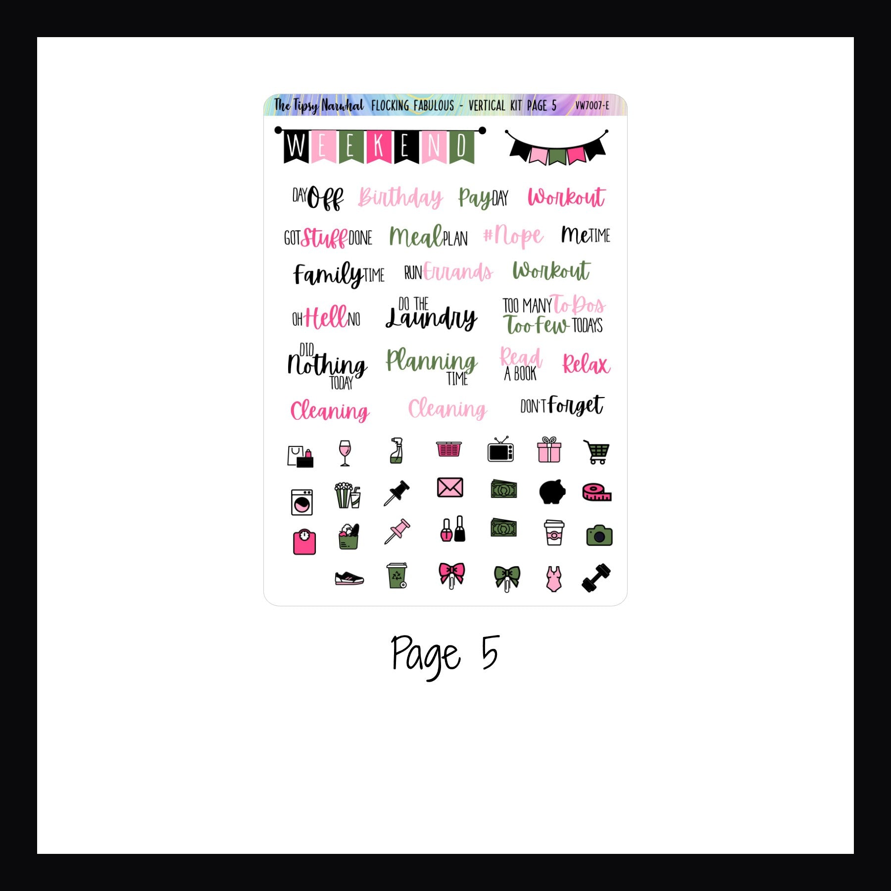 Digital Flocking Fabulous Vertical Kit page 5 features script stickers, daily icons and a weekend banner.