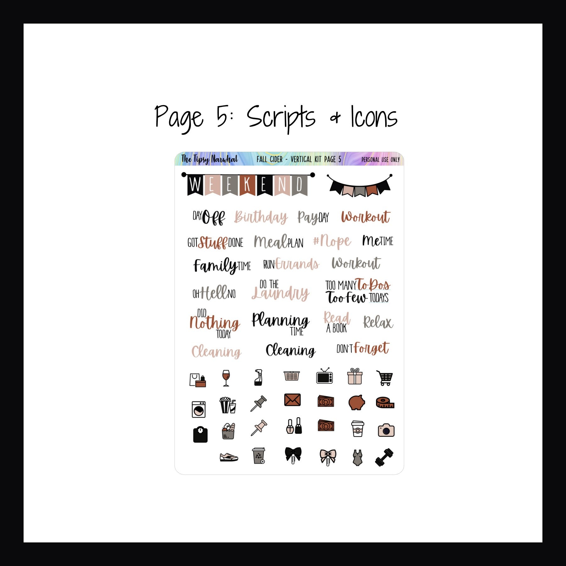 Fall Cider vertical weekly kit page 5, daily icon stickers, script stickers, weekend banner, pink, orange, black and greige color palette