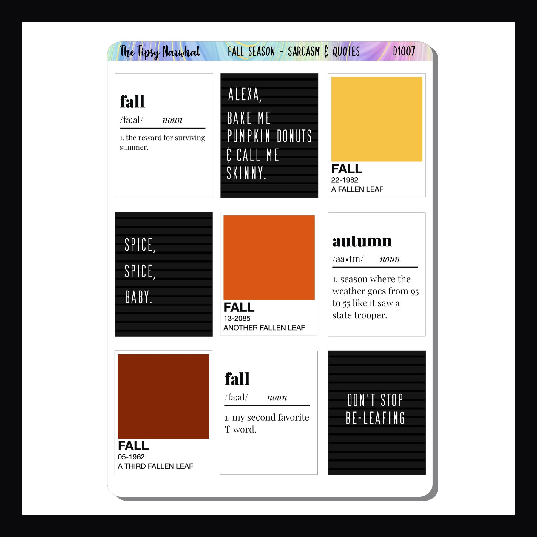 Fall Sarcasm Sticker Set, Sarcastic Stickers, Autumn Stickers, Autumn quotes, fall stickers, fall quotes, funny quotes, funny definitions, silly stickers, yellow, orange, red, black,