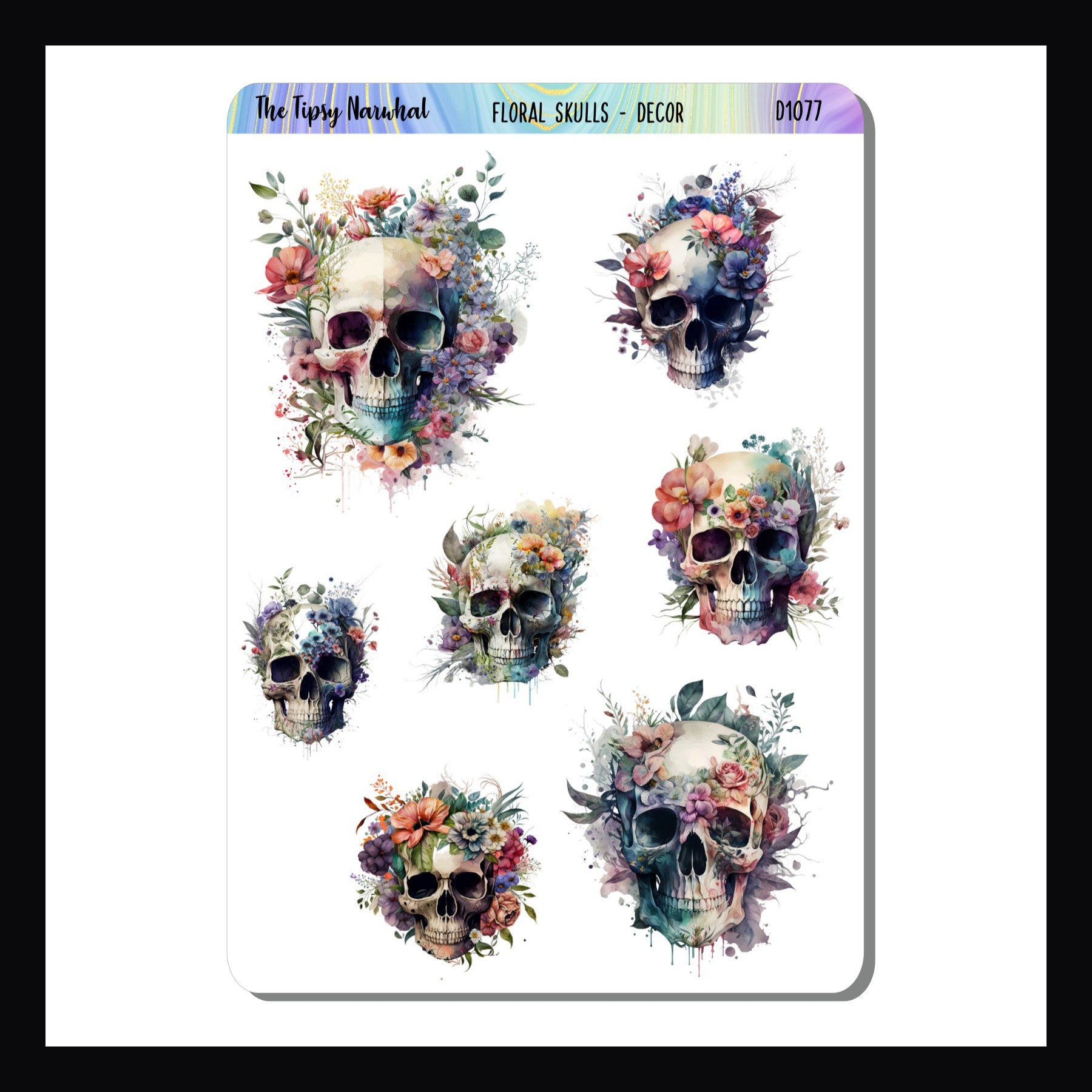 Floral Skulls Decor Sheet is a 3.5 x 5 inch sticker sheet.  It features 7 skull stickers each with a beautiful floral motif.  Each sticker is a unique design and the size varies by design.