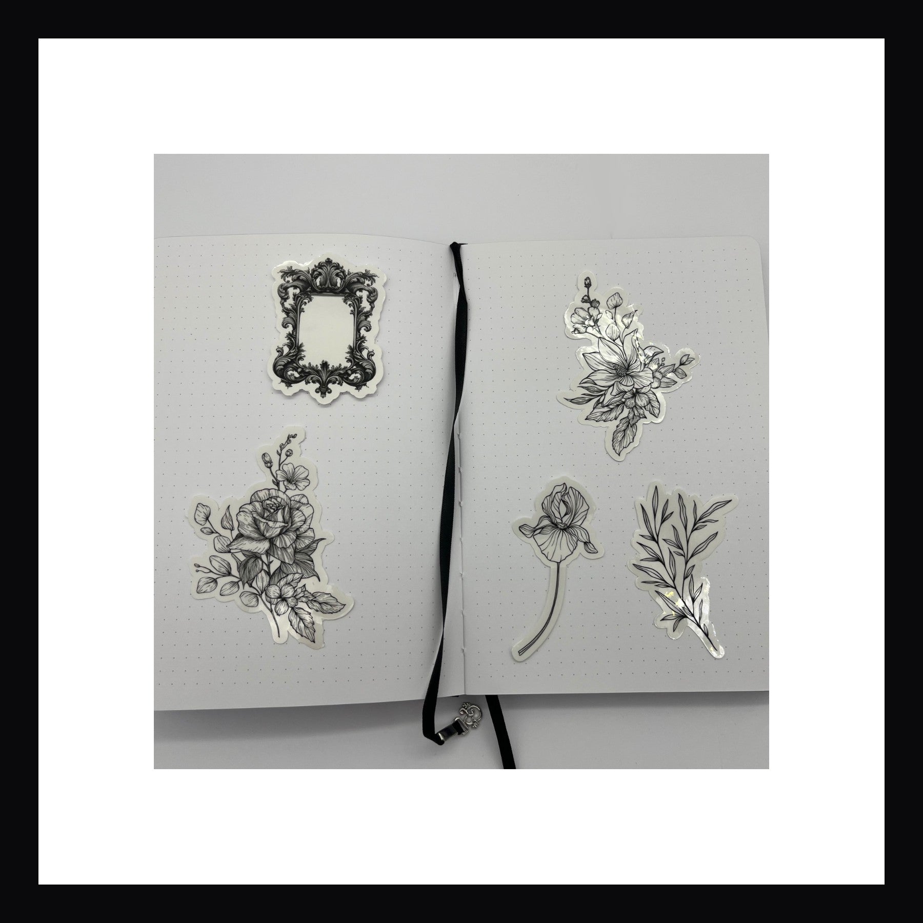 Gardening Junk Journaling Kit contains 5 glossy clear die cut stickers.  Stickers are of varying sizes and feature floral design and a vintage frame.