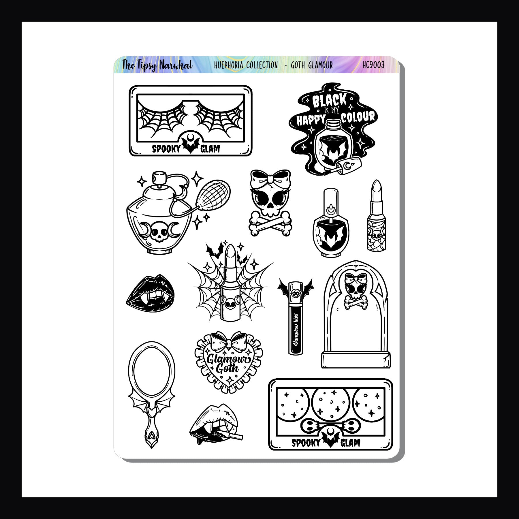 Goth Glamour Sticker Sheet features a collection of makeup stickers with a spooky twist. Part of the Huephoria coloring sticker collection.