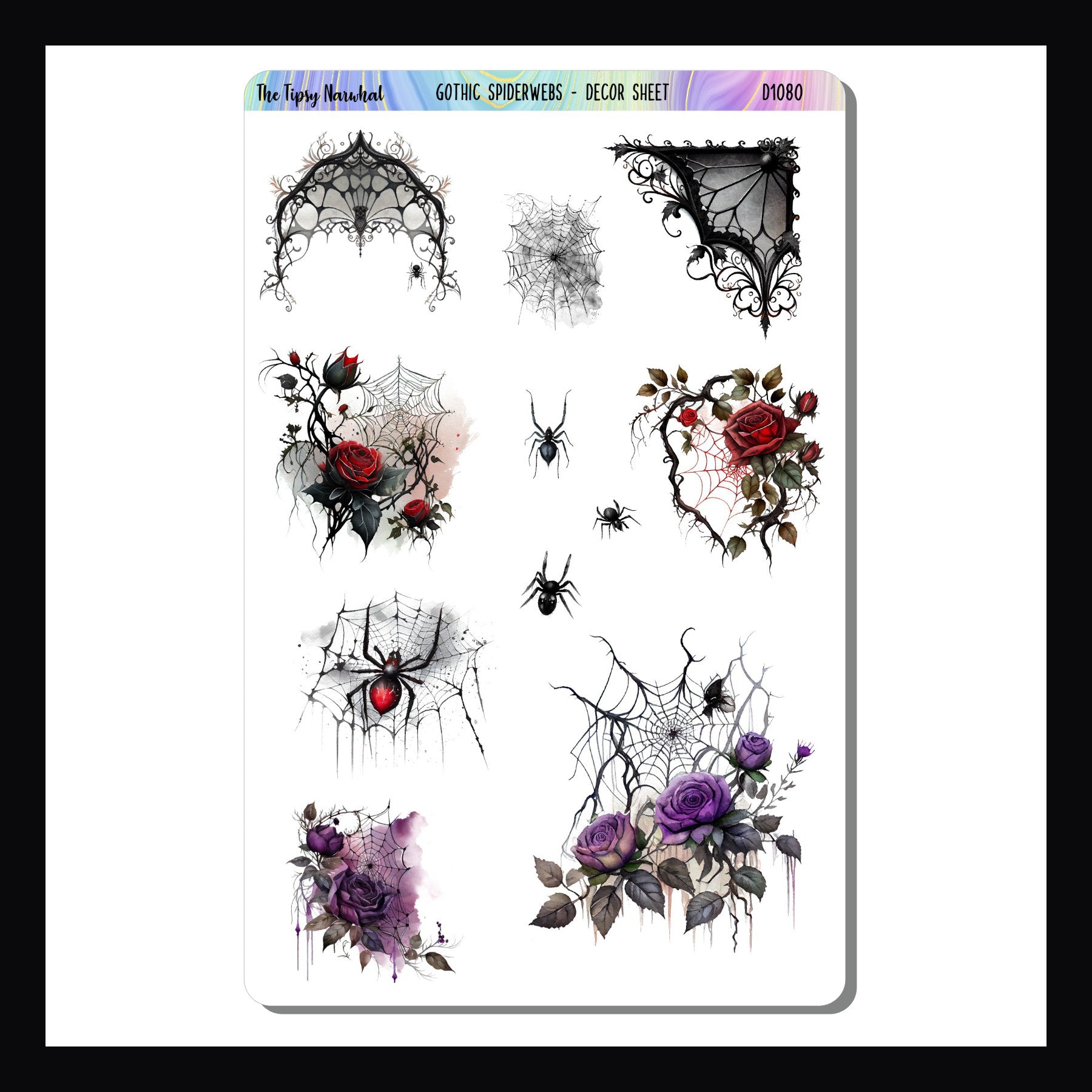 Gothic Spiderwebs Decor Sheet is a 4.5 x 7 inch sticker sheet.  It features a variety of spider webs mixed with dark flowers and gothic architecture.  Total of 11 stickers.