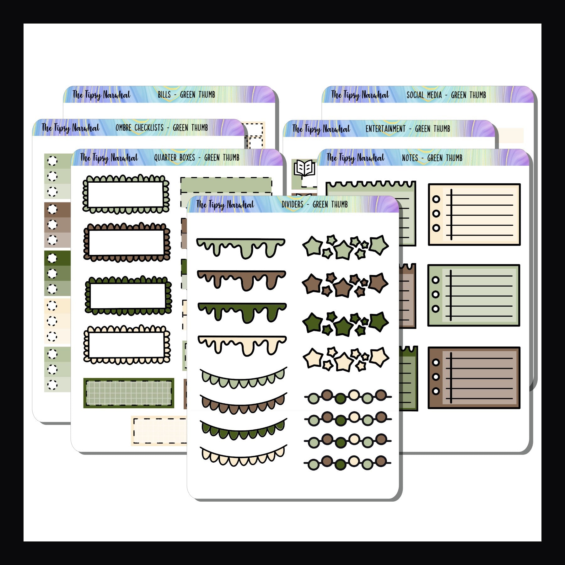 Green Thumb Kit Matching Functionals is a collection of 7 quarter sized sticker sheets filled with various functional stickers.  All colors selected to coordinate with the Green Thumb Weekly kits.