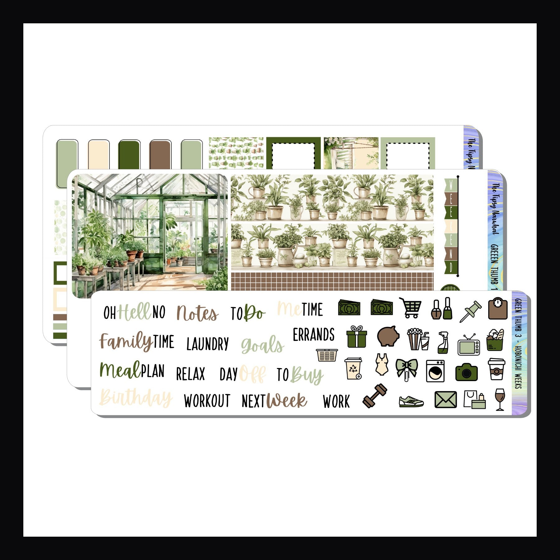 Green Thumb Hobonichi Weeks Kit is a sticker kit designed to fit the Hobonichi Weeks planner and other similarly sized planner systems. It features a tranquil gardening theme with a color palette full of greens, browns and creams.