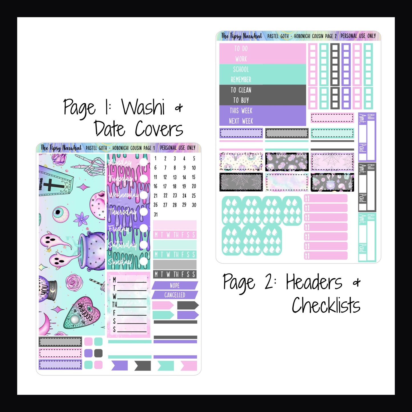 Digital Pastel Goth Hobonichi Cousin Kit Pages 1 and 2. Page 1 features washi strips, date covers, habit trackers, cancellation stickers, page flags and full week sticker. Page 2 features headers, checklists, bill tracking, water tracking, meal tracking and several quarter box stickers.