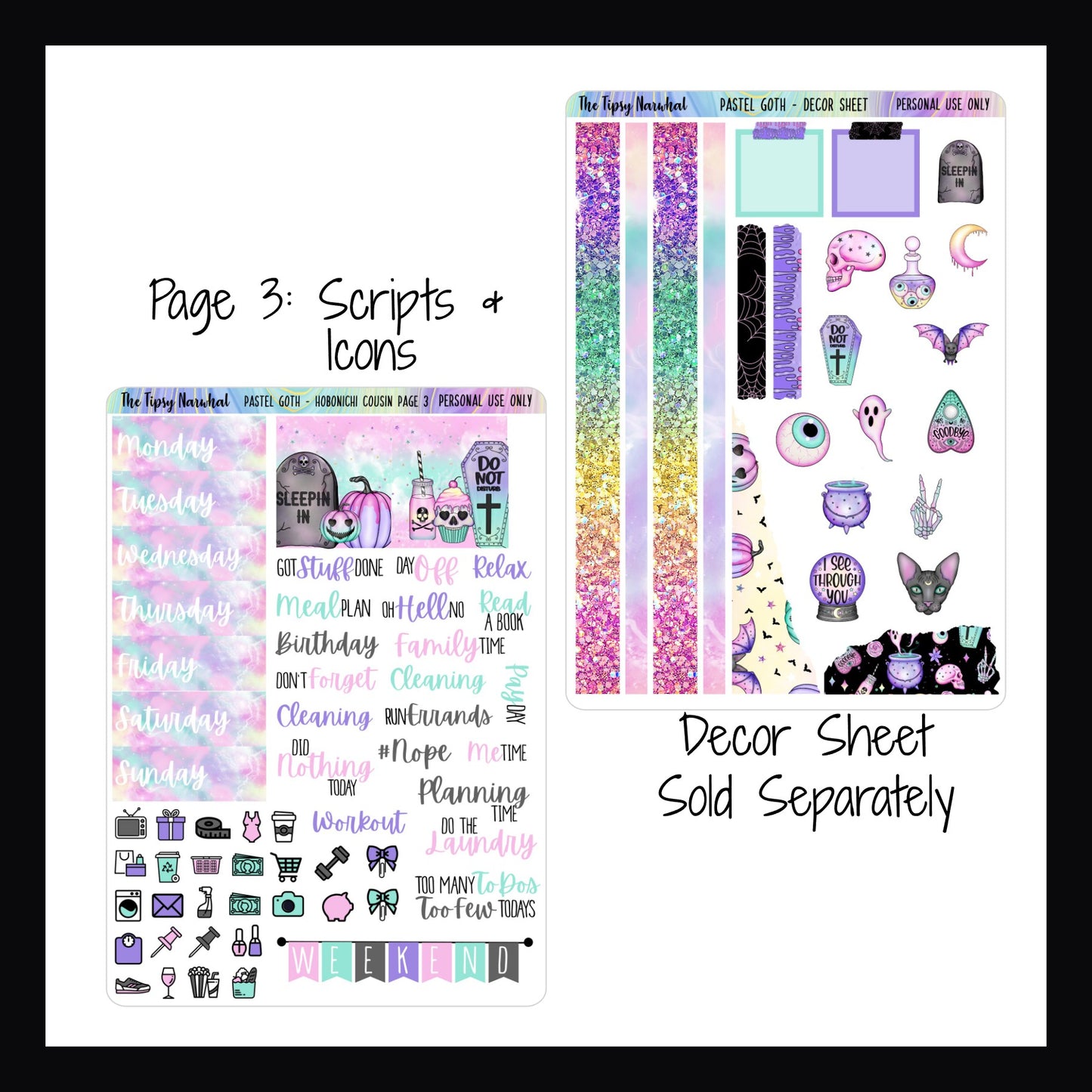 Digital Pastel Goth Hobonichi Cousin Kit page 3 features additional date covers, full box stickers, script stickers, daily icons and a weekend banner sticker. There is a matching decor sheet available separately.