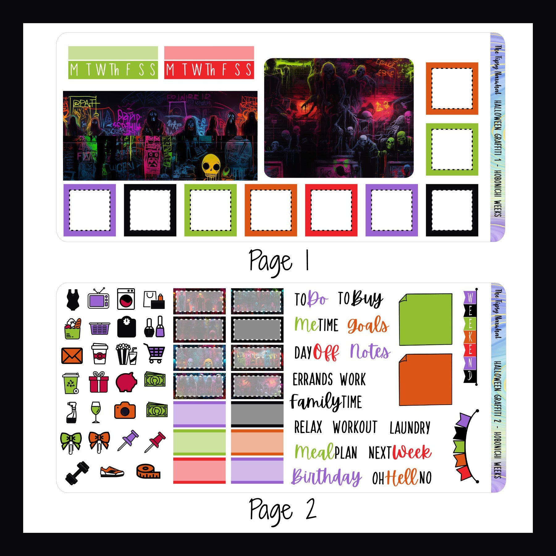 Halloween Graffiti Hobonichi Weeks Kit Pages 1 and 2, Washi Strip Stickers, Full Box Sticker, Sticky Note Sticker, Weekend Banner Stickers, Daily Icon Stickers, Script Stickers, Zombie Themed Stickers