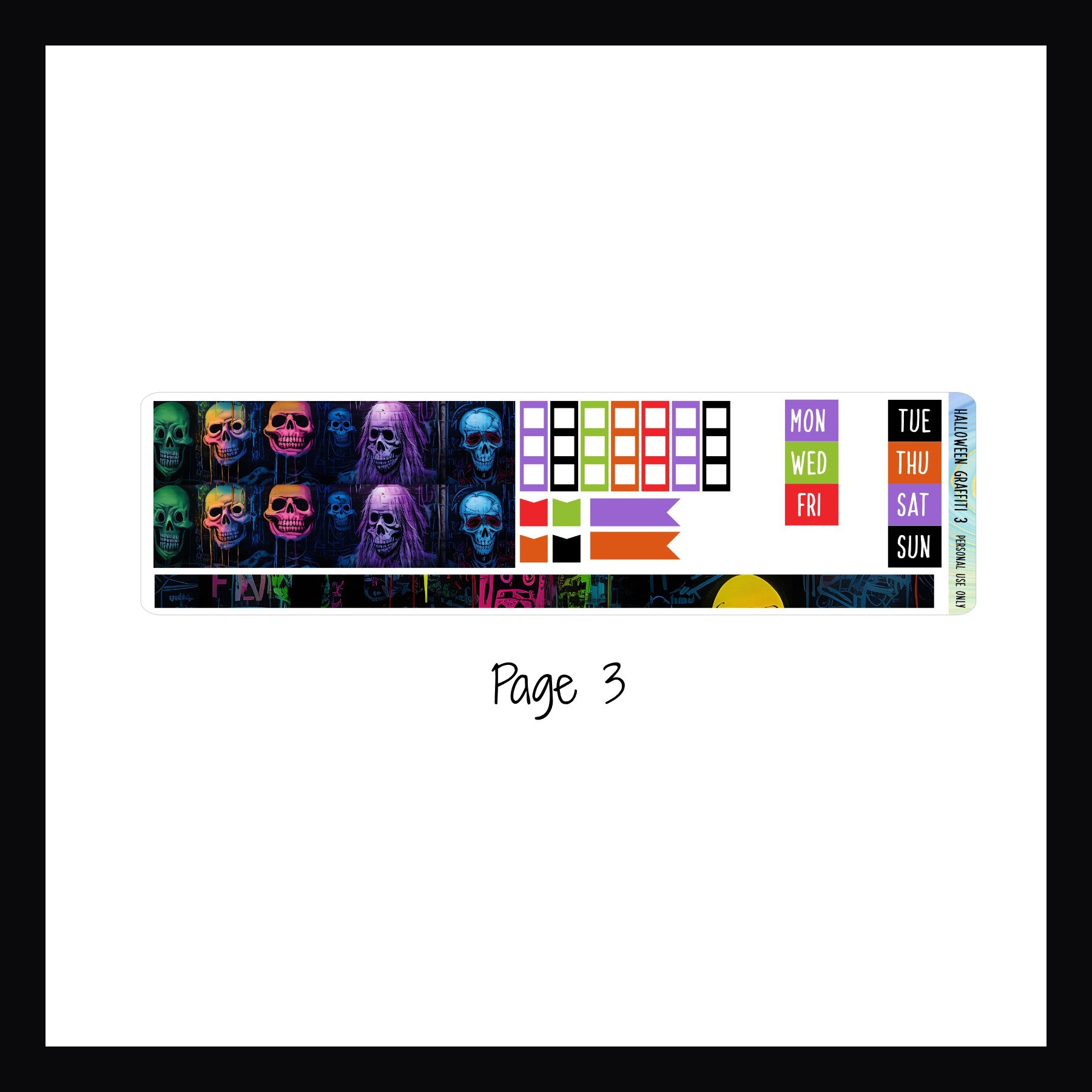 Halloween Graffiti Hobonichi Weeks Kit Page 3, Washi Strip Stickers, Checklist Stickers, Date Covers, Halloween Stickers, Graffiti Style Art