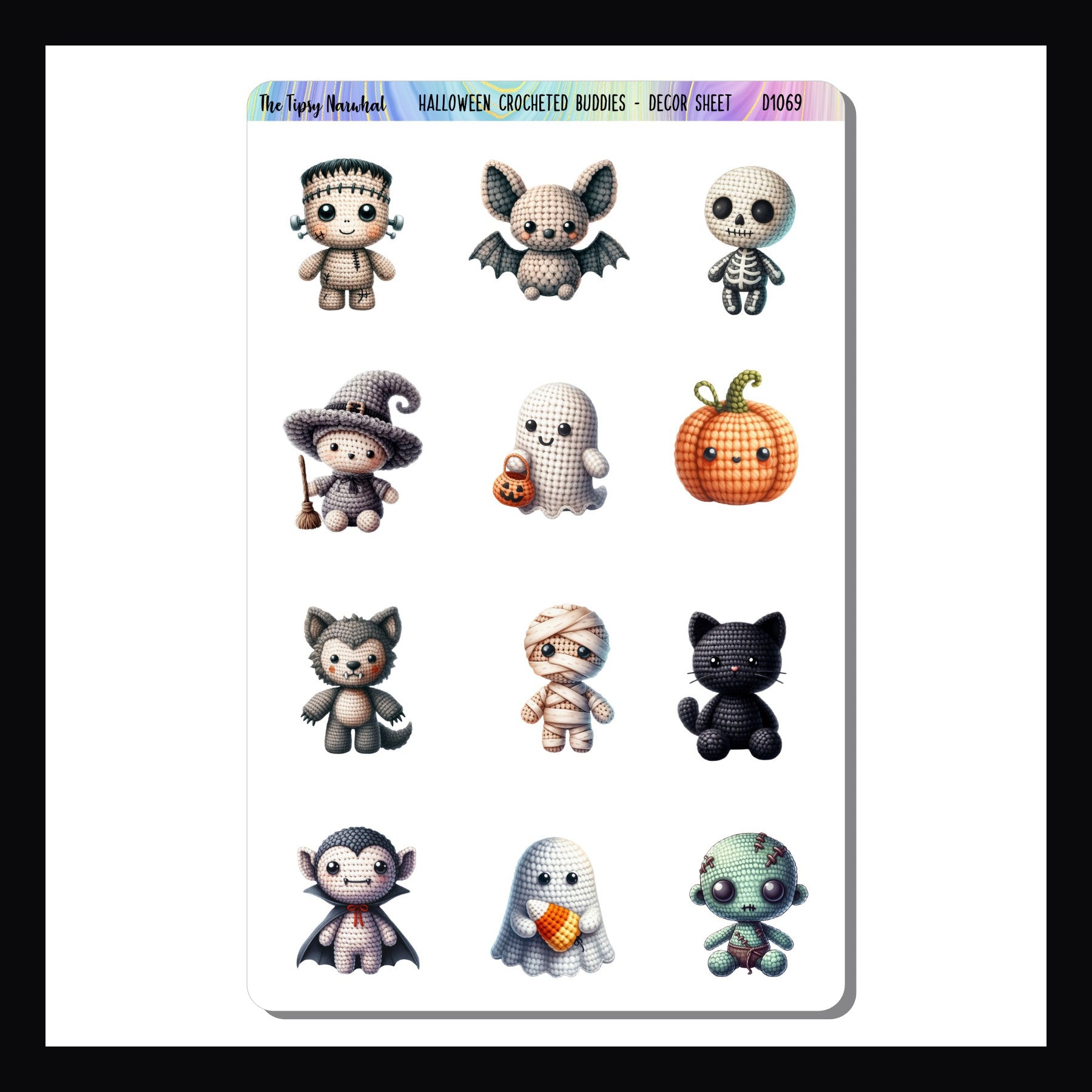 Halloween Crocheted Buddies Decor sheet is a 4.5 x 7 inch sticker sheet.  It features a collection of 12 character stickers each with an adorable crocheted look.  Each sticker is a unique design and features a unique size.