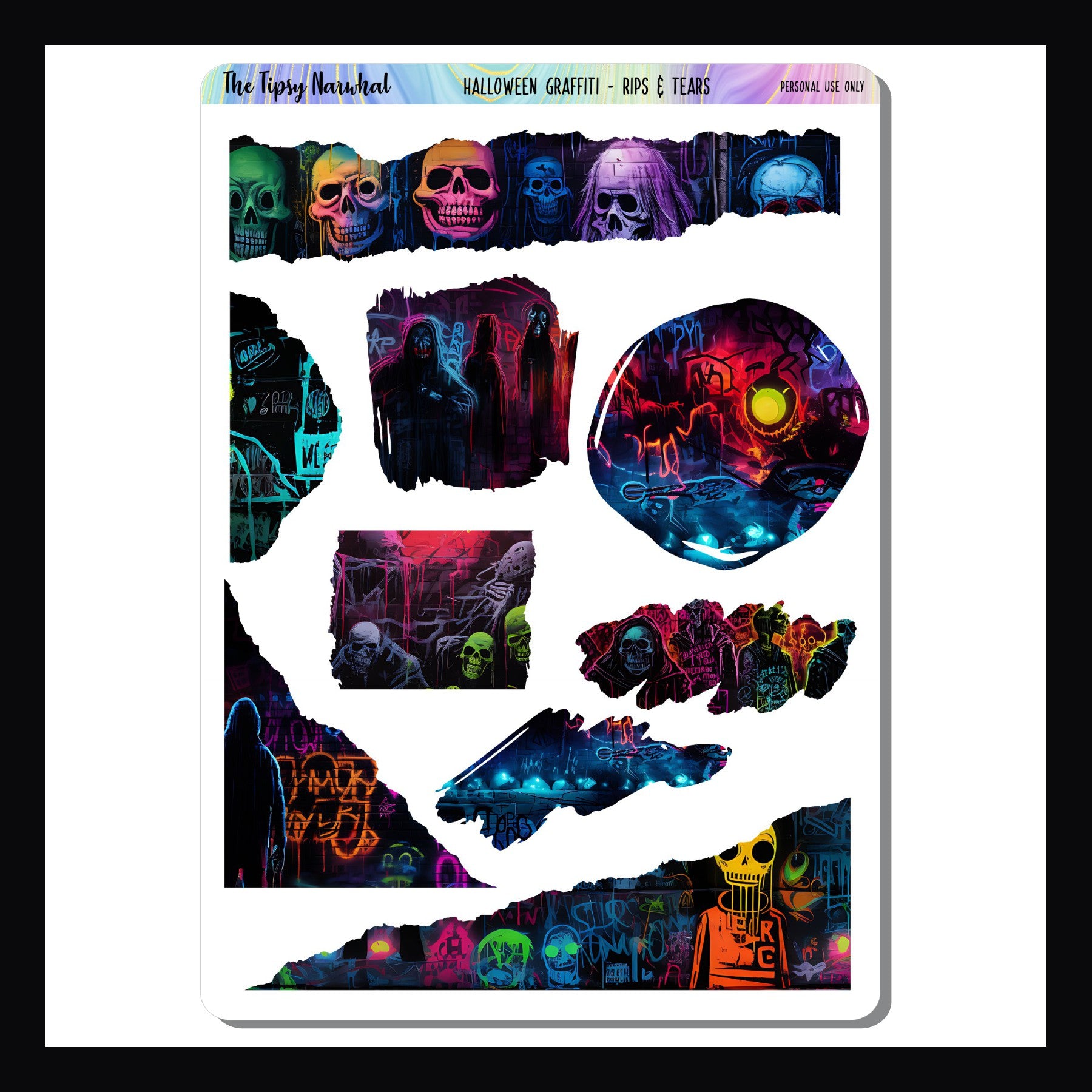 Halloween Graffiti Rips and Tears sticker sheet, halloween themed stickers, horror stickers, skull stickers, graffiti style stickers, graffiti art, bright colors, ripped washi, ripped sticker, brushstroke sticker