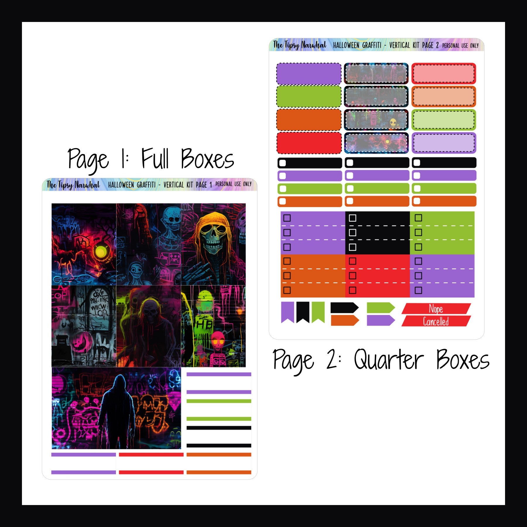 Halloween Graffiti Vertical Weekly Kit Pages 1 and 2, Full Box Decor, Quarter Boxes, Skinny Stickers, flag stickers, cancelled stickers, appointment stickers, priority checklist stickers, halloween stickers, spooky stickers, scary stickers, horror stickers