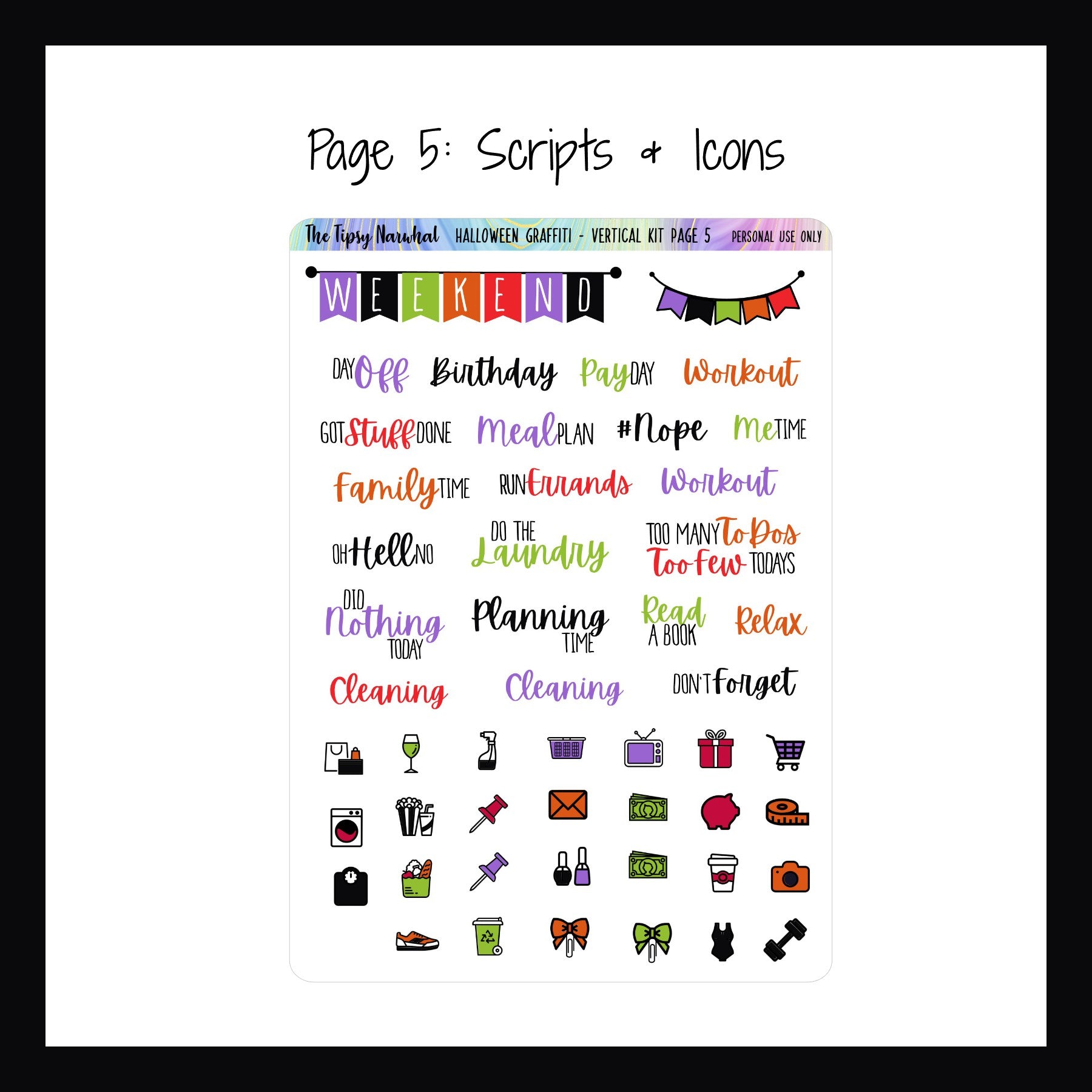 Halloween Graffiti Vertical weekly kit page 5, weekend banner sticker, banner sticker, script stickers, daily icon stickers