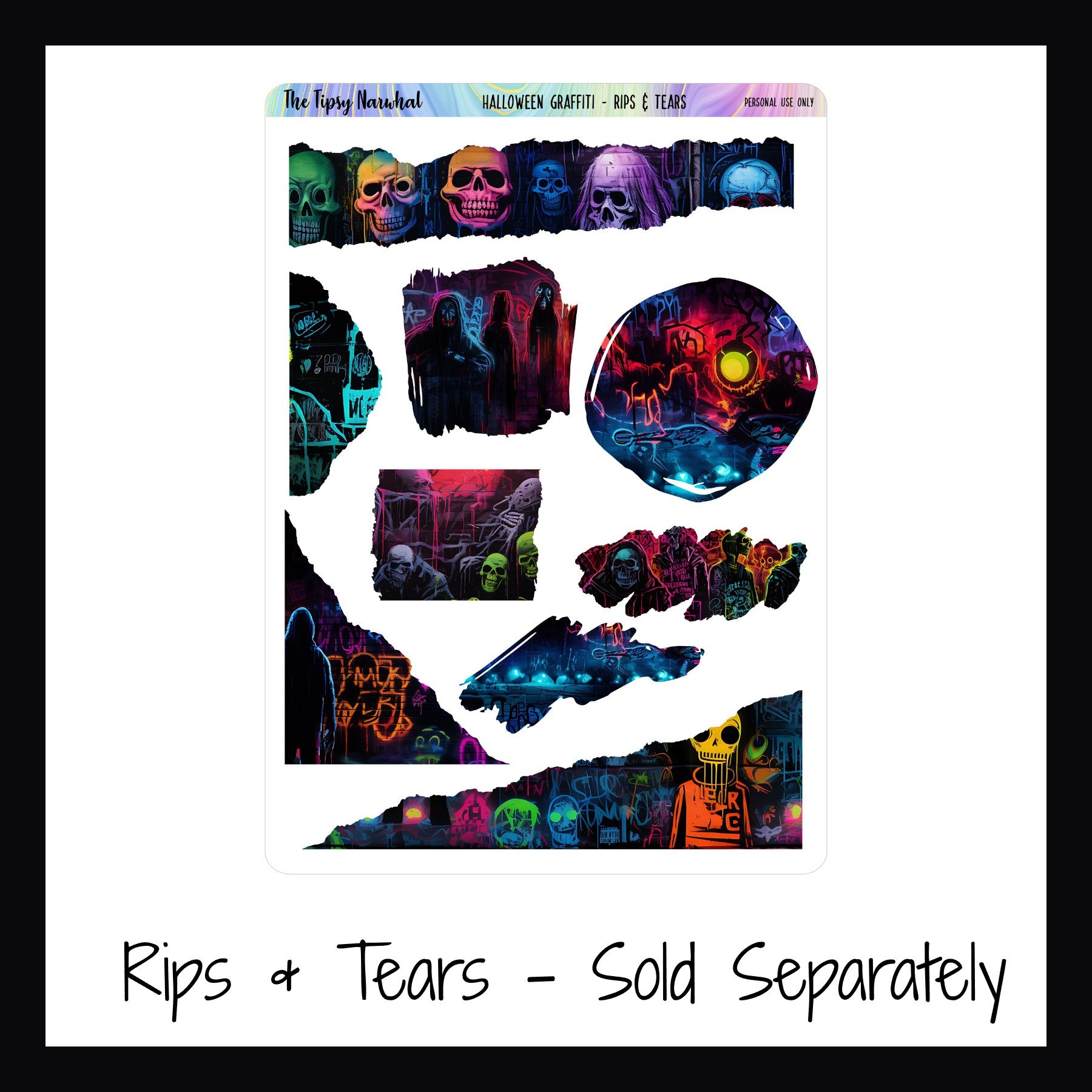 Halloween Graffiti Journal Elements, Rip and Tear Stickers, Brushstroke stickers, Ripped Washi Sticker, Ripped Paper Stickers, Graffiti style art, Skulls, Corner Stikers