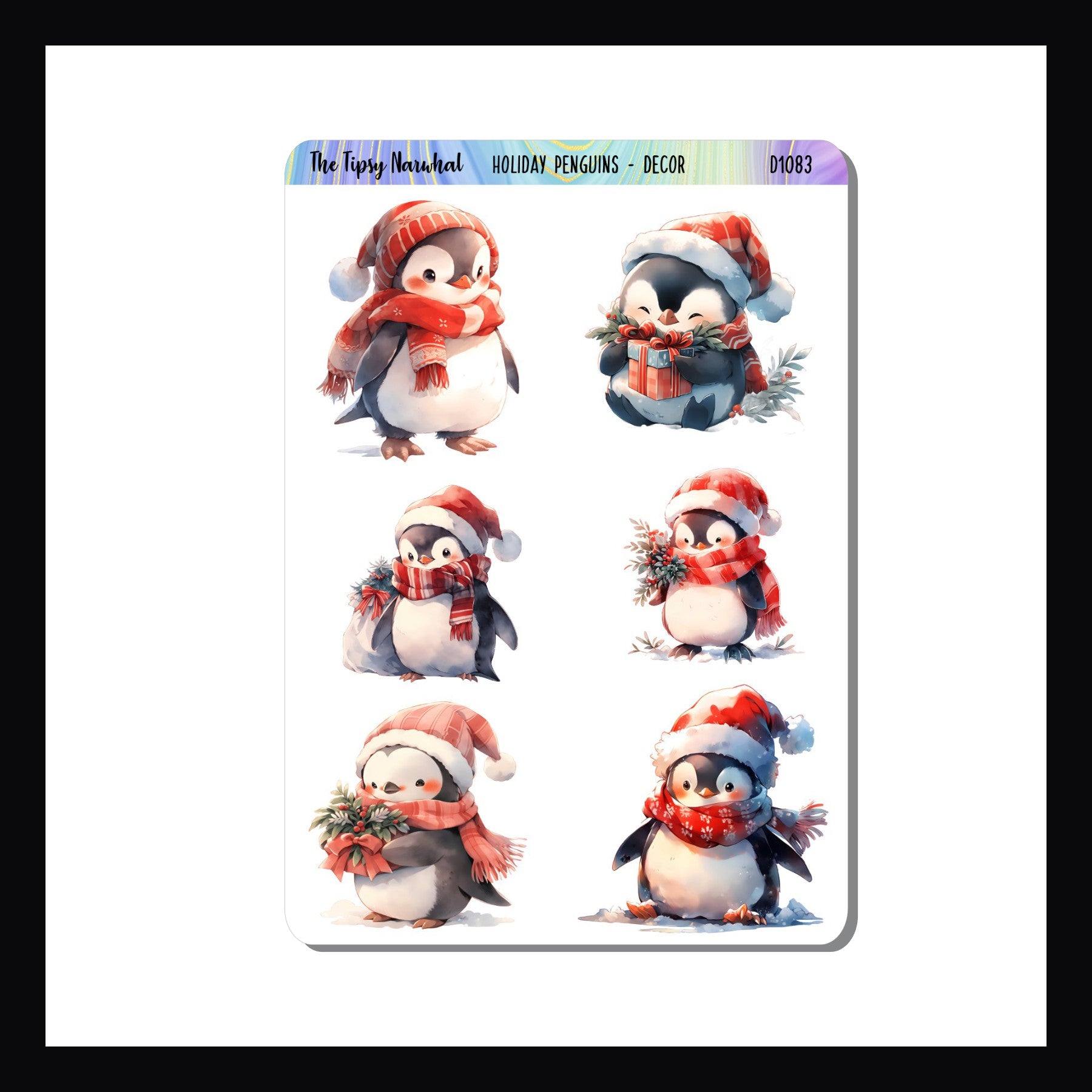 Holiday Penguins Decor is a 6-sticker sheet.  Each sticker features a unique penguin dressed in cheery scarves, hats, with some carrying a gift or holly.