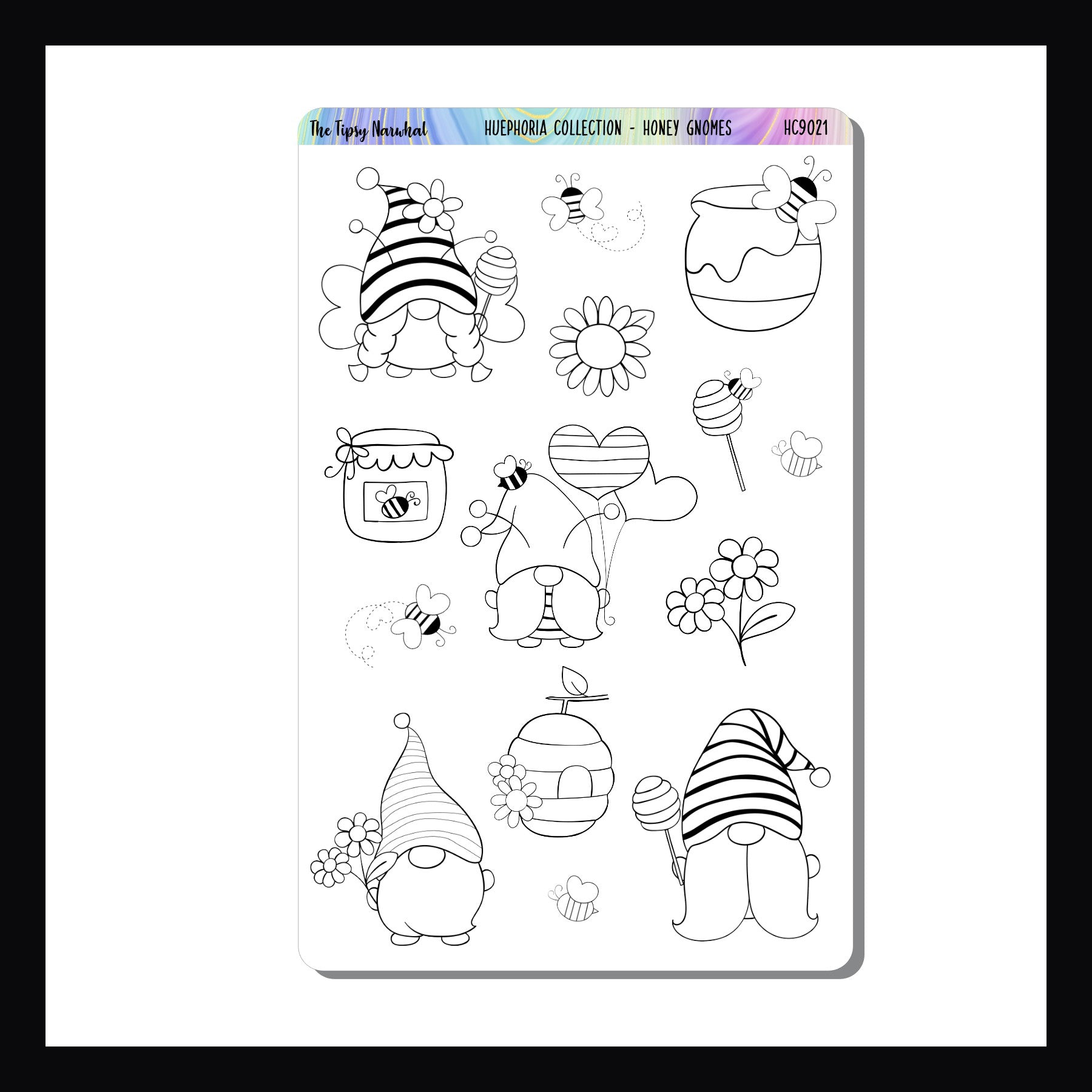 Honey Gnomes Huephoria Stickers is a 4.5 x 7 inch sticker sheet featuring a collection of gnomes and their honey producing friends.  These stickers are designed to be colored in using colored pencils, crayons, or markers creating a fully custom sticker collection perfect for use in planners, journals, and art projects.