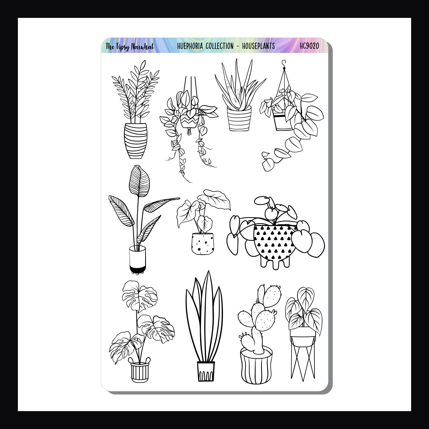 Houseplants Huephoria Stickers is a 4.5 x 7 inch sticker sheet featuring a collection of houseplant stickers.  These stickers are designed to be colored in using your favorite crayons, markers, or colored pencils to create a fully custom sticker sheet to be used in planners, journals, and art projects.
