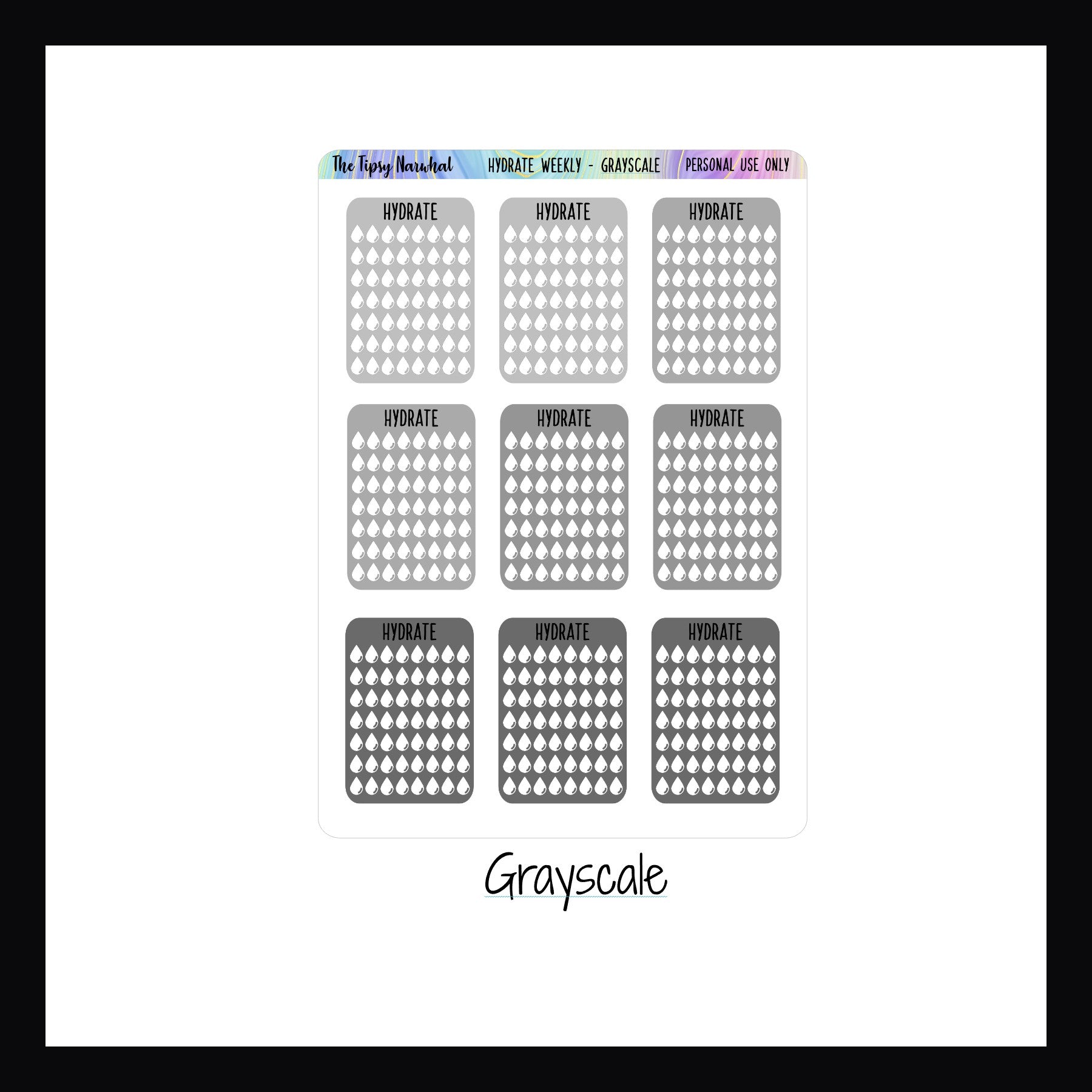 weekly hydration tracker, grayscale color palette, weekly hydration goals, health stickers, functional stickers