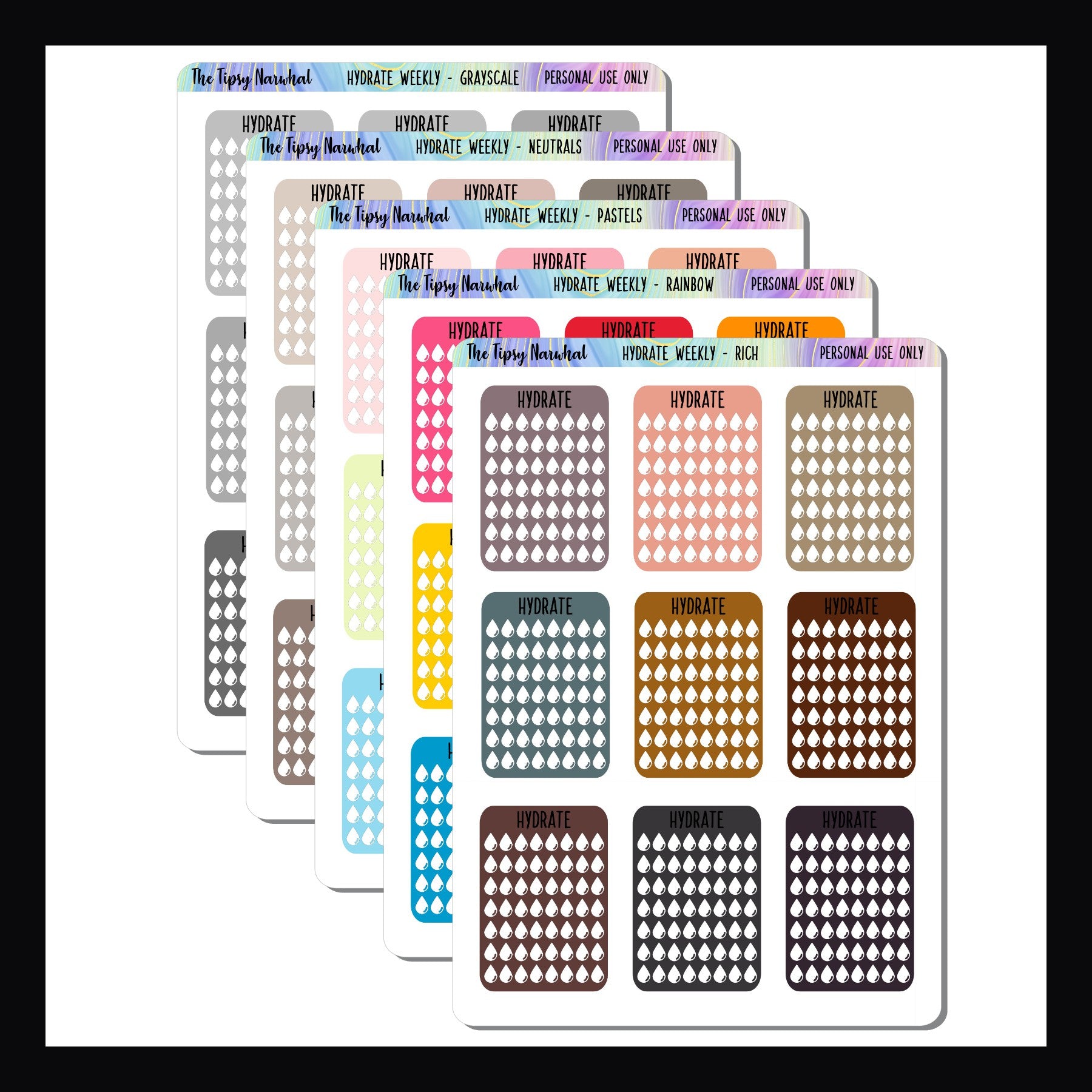 Weekly Hydration Stickers, health stickers, hydration stickers, water intake tracking, functional stickers