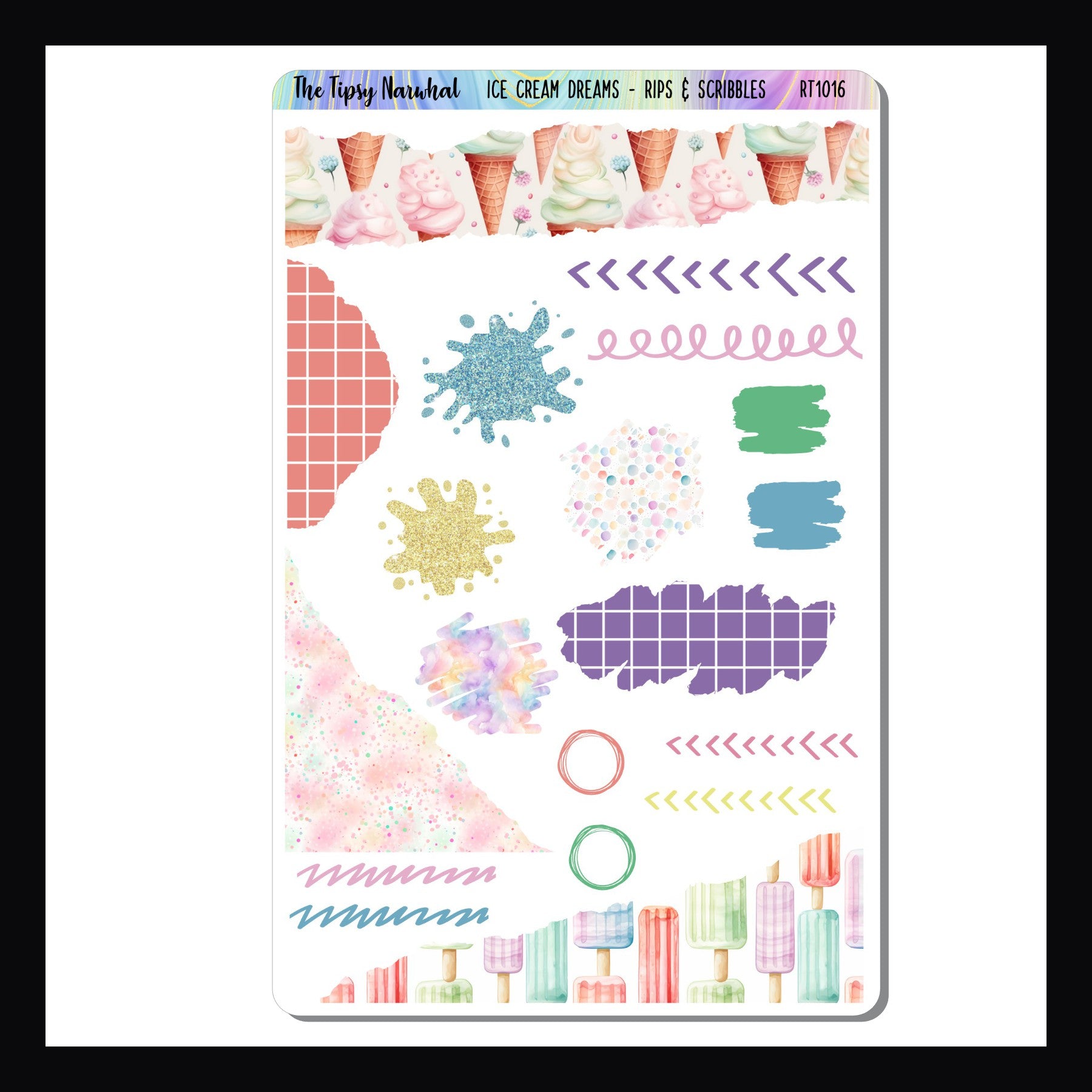 Ice Cream Dreams Rips & Scribbles Sheet is a full sized sticker sheet featuring a selection of stickers with a ripped, splash, or scribble like appearance.  The patterns and colors of each sticker coordinate with the Ice Cream Dreams weekly kit.