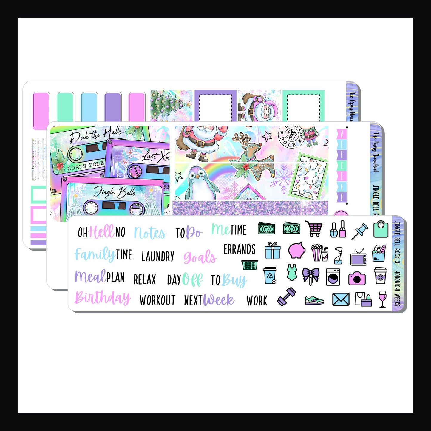 Jingle Bell Rock Hobonichi Weeks Kit is a 3 page sticker kit designed to fit the hobonichi weeks style planners. It features a Christmas theme focusing on holiday music and is done in bright colors.
