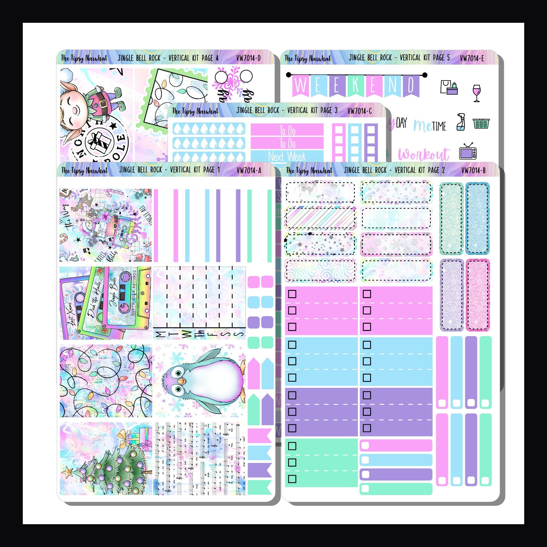 Jingle Bell Rock Vertical Kit is a 5 page sticker kit designed to fit most vertical style planners.  It features a holiday music theme done in a bright color palette.