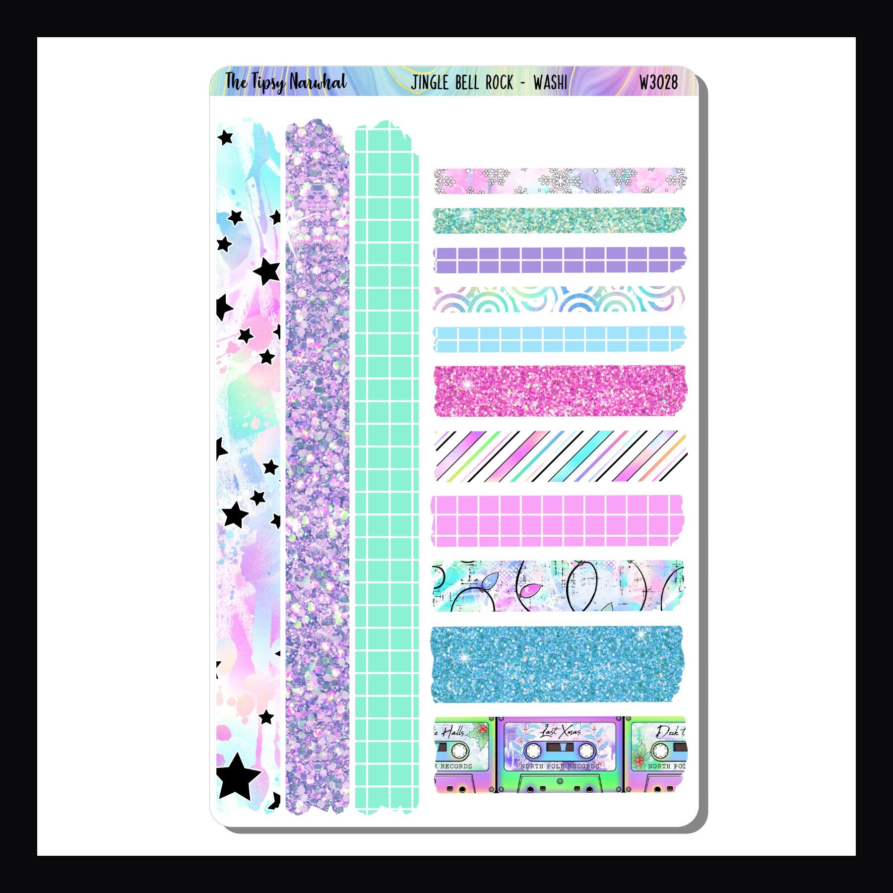 Jingle Bell Rock Washi Sheet is a 4.5x7 inch sticker sheet featuring 14 strips of various sized washi style stickers. All patterns and colors coordinate with the Jingle Bell Rock weekly kits.