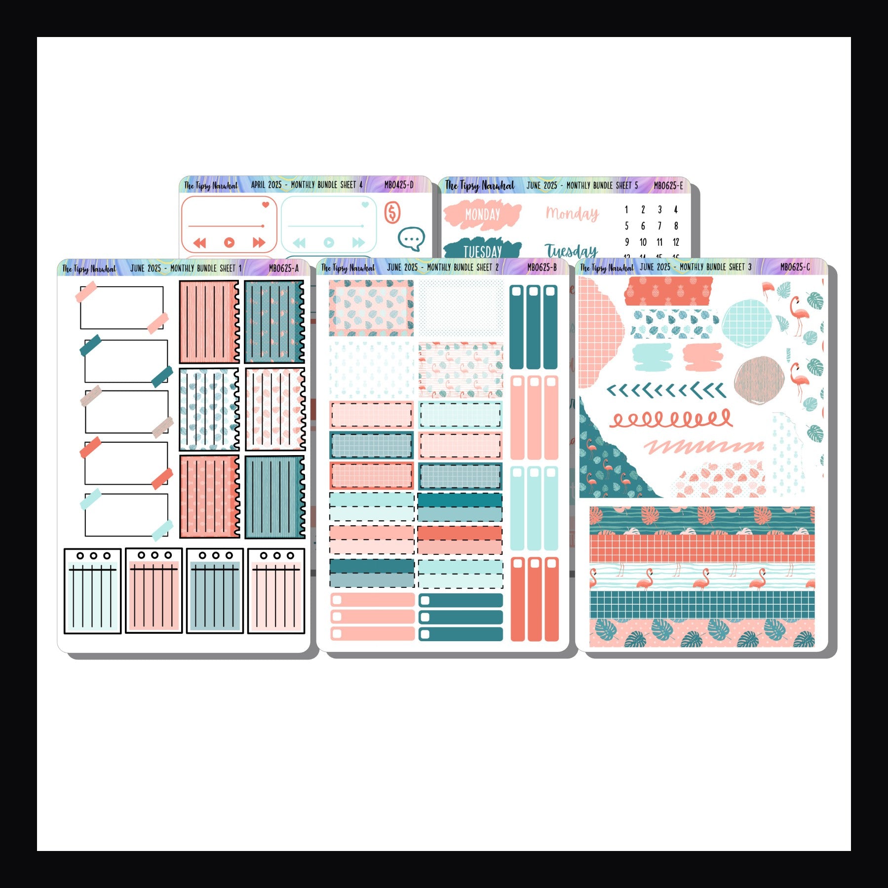 June 2025 Monthly Bundle is a 5 page sticker kit that focuses on functional planning.  Each month features a limited edition theme. June's theme is flamingos and features a color palette of bright corals and cool aqua blues.