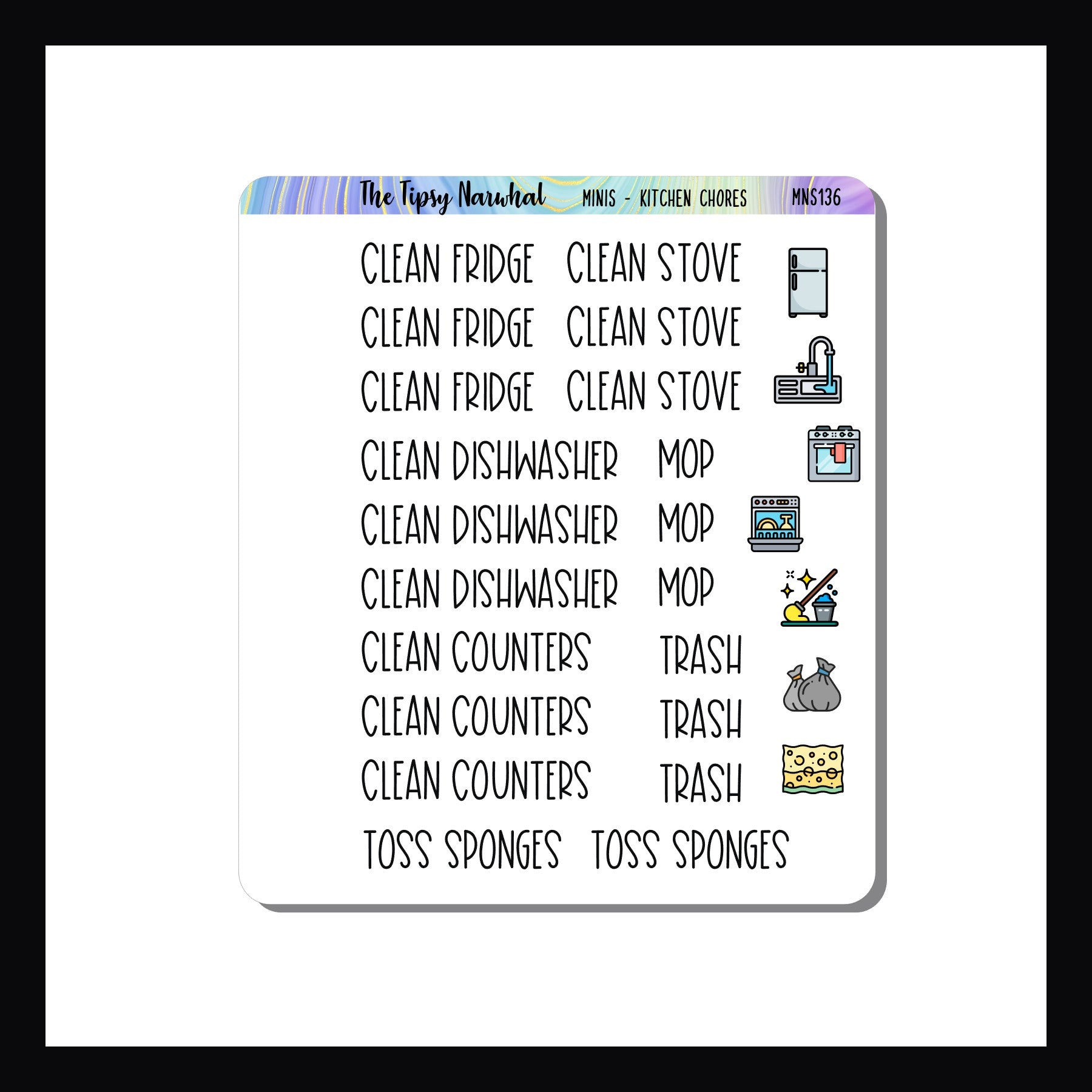 The Mini Icon Sheets Kitchen Chores is a small quarter sheet sized sticker sheet. Featuring a collection of script and Icon stickers focusing on various chores to clean a kitchen.