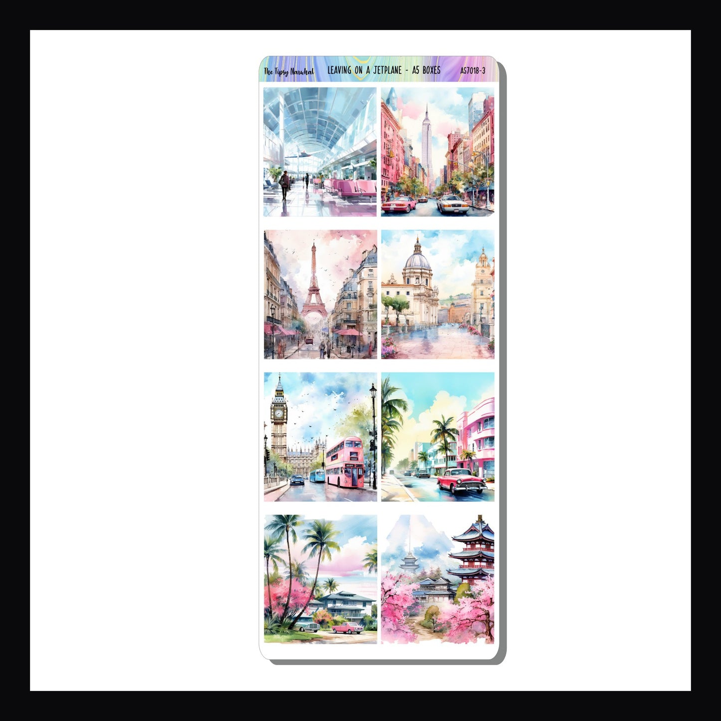 Leaving on a Jet Plane A5 Boxes is a sheet of full box decor sized to fit A5 planners such as the Hobonichi Cousin. Each of the 8 deco boxes depicts a destination or air port scene and coordinates with the Leaving on a Jet Plane weekly kits.
