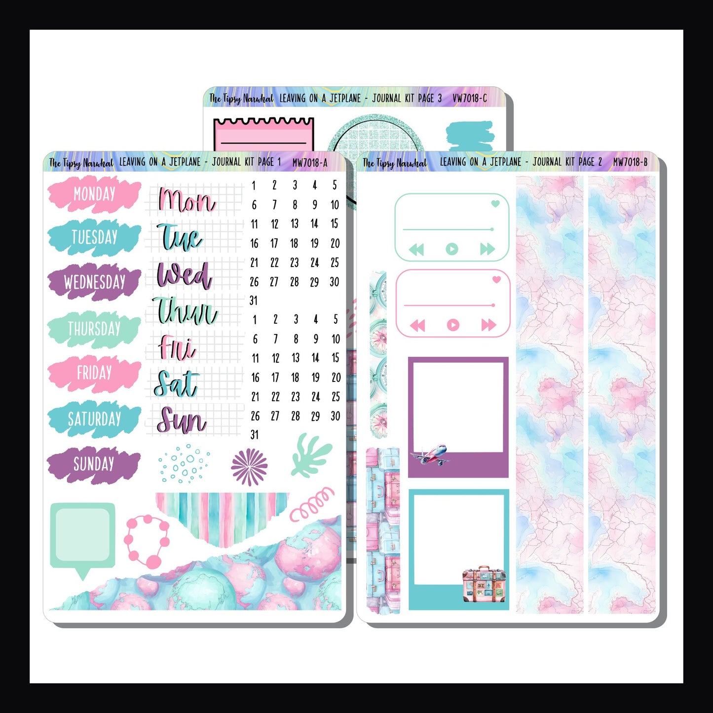 Leaving on a Jet Plane Journal Kit is a 3 page sticker kit designed to focus on decorative elements for journal style planning. It features a travel theme and a color palette of pink, blue, purple and mint.