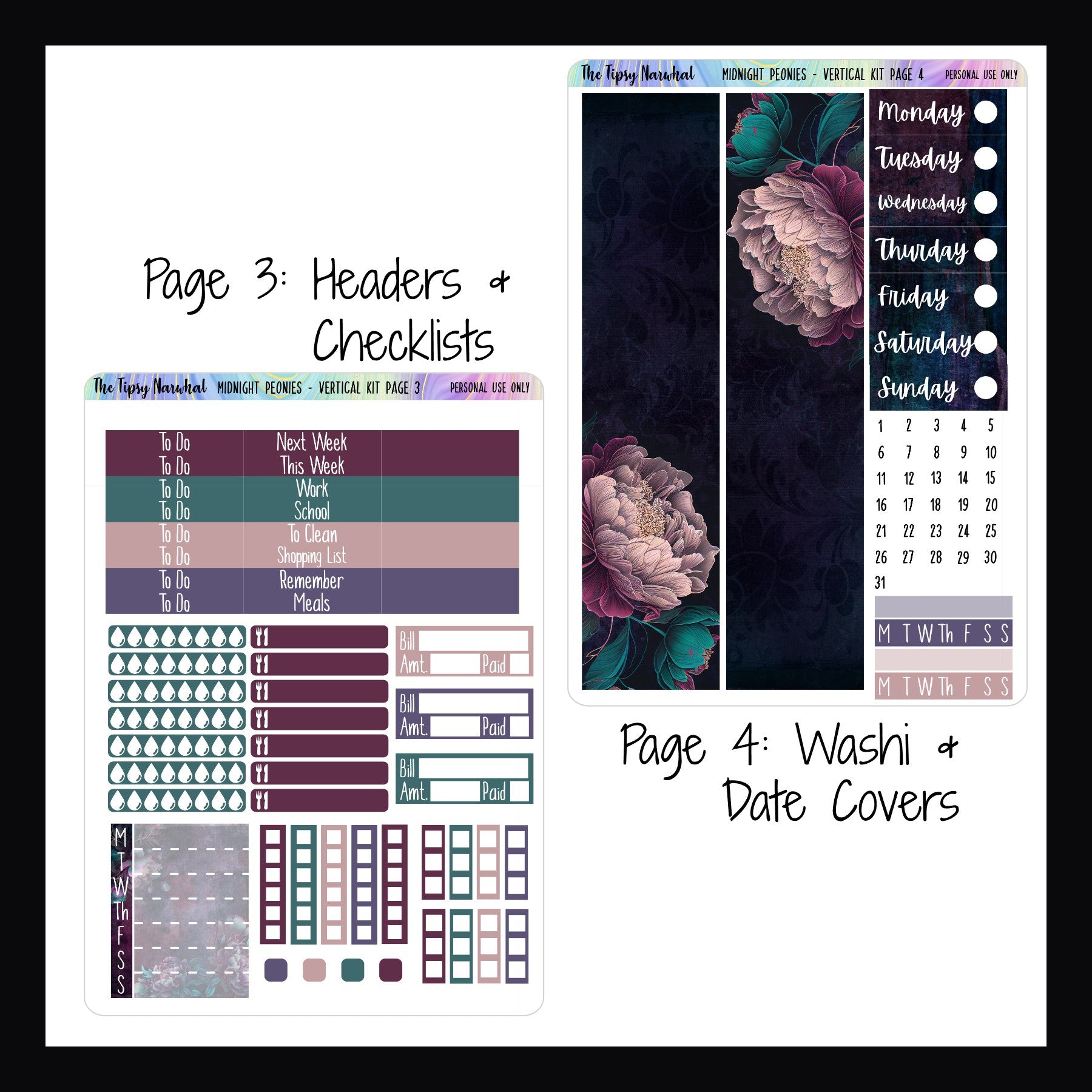 Digital Midnight Peonies Vertical Kit pages 3 and 4.  Page 3 features header stickers, water tracking, meal tracking, bill tracking, checklist stickers and a full week sticker.  Page 4 features full size washi strips, date covers and habit tracking stickers.