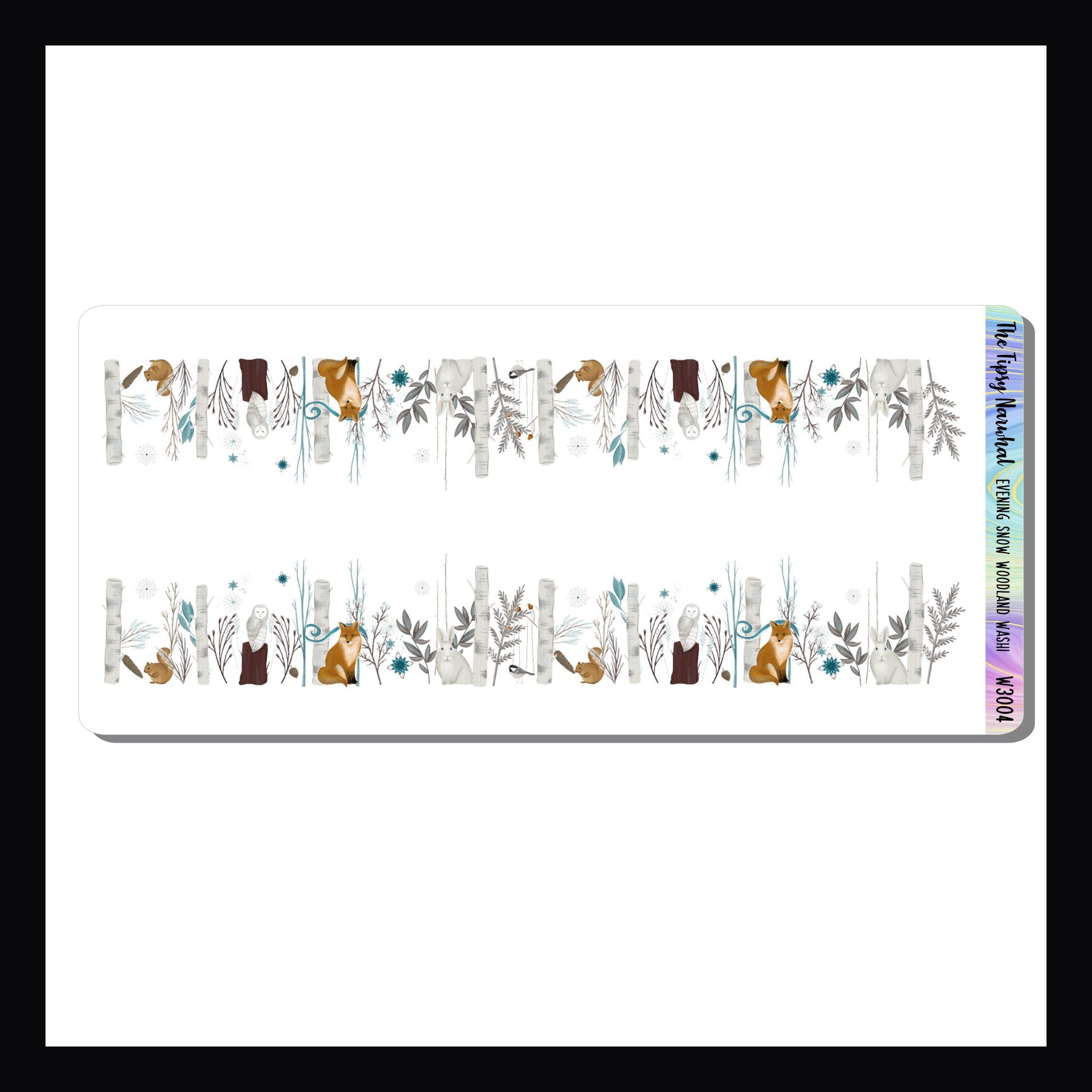 Evening Snow Woodlands Washi Sheet features two strips of dimensional washi stickers.  Each sticker featuring a myriad of woodland animals peeking from trees while snowflakes silently fall.