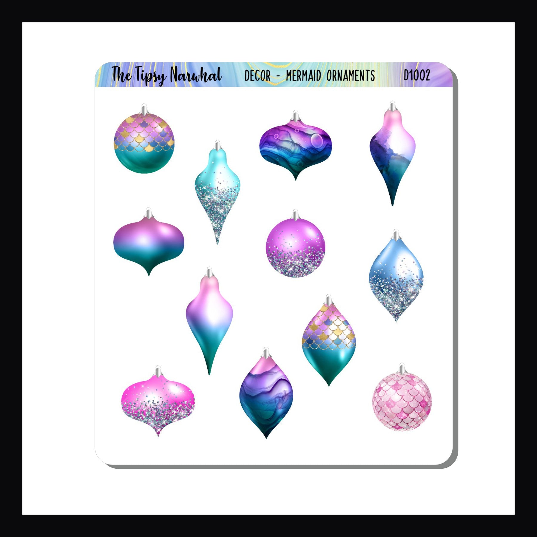 Mermaid Ornaments Sticker Sheet, holiday ornaments, christmas ornaments, holiday stickers, christmas stickers, bulbs, bubbles, mermaid theme, pink, blue, purple, silver, gold, mermaid scales,