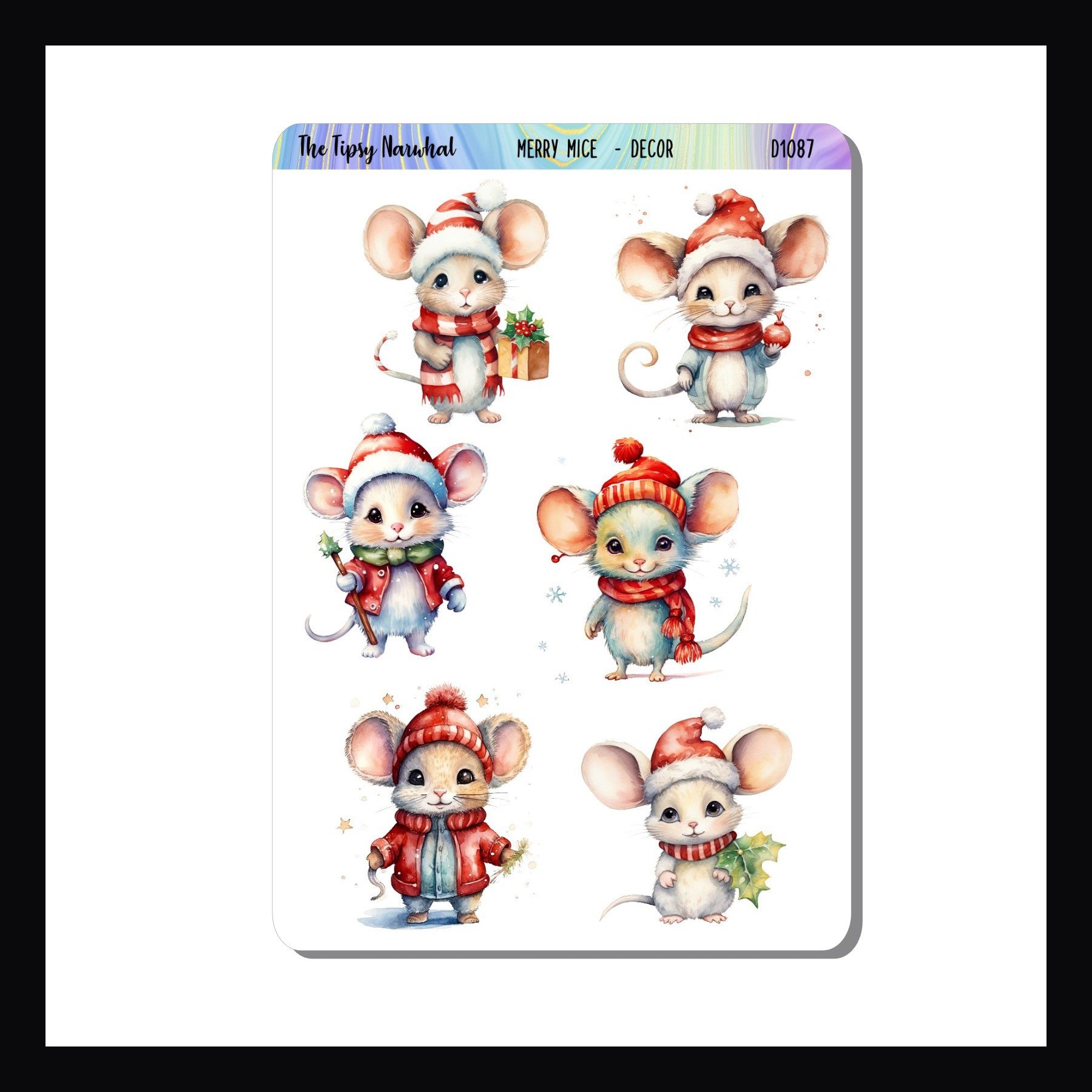 Merry Mice Decor Sheet is a sticker sheet featuring 6 adorable mice dressed up in scarves and hats, ready to celebrate the season.  Each design is unique and the size varies by design.