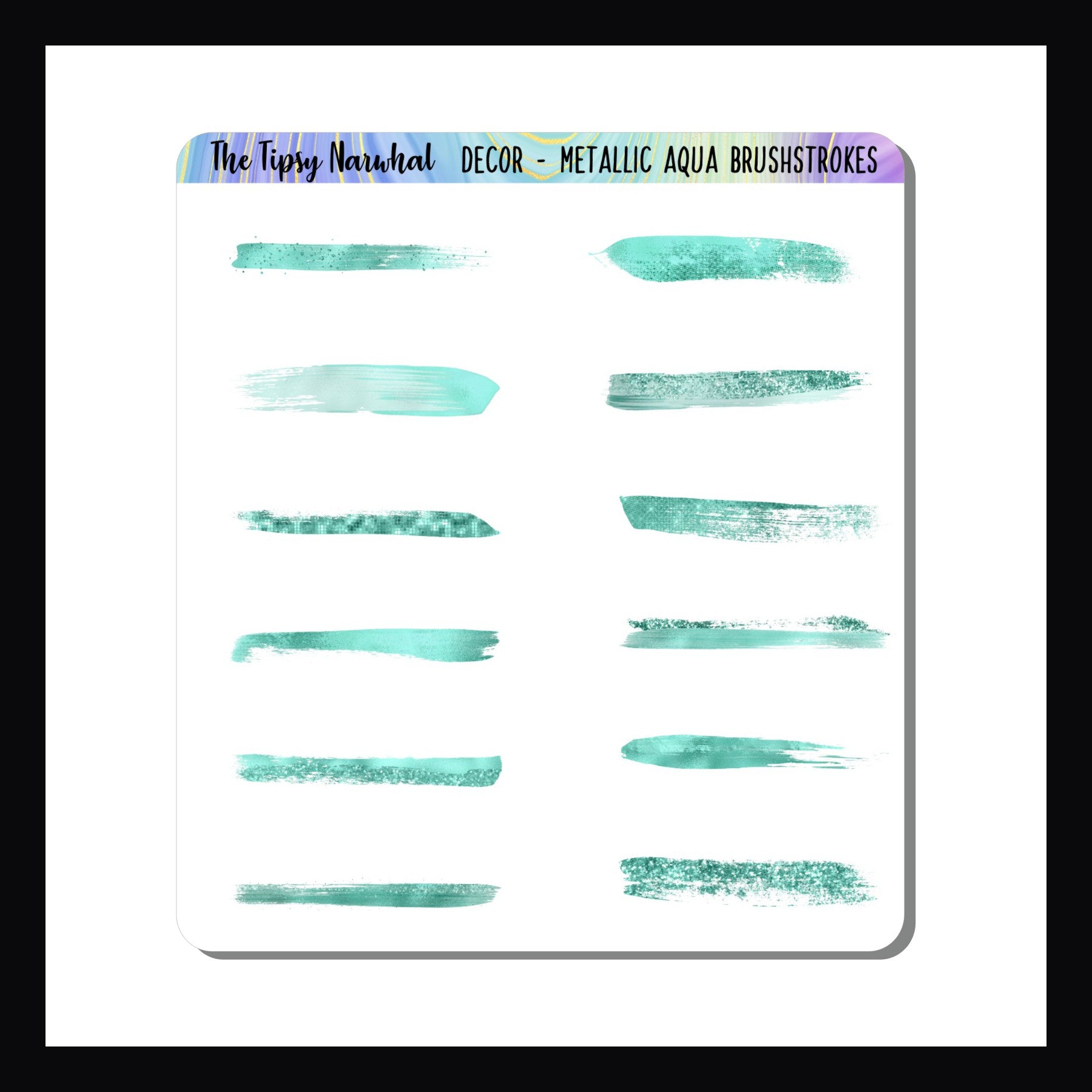 Metallic Aqua Brushstrokes sticker sheet features 12 brushstroke style stickers.  Each sticker is unique and features a metallic aqua style.