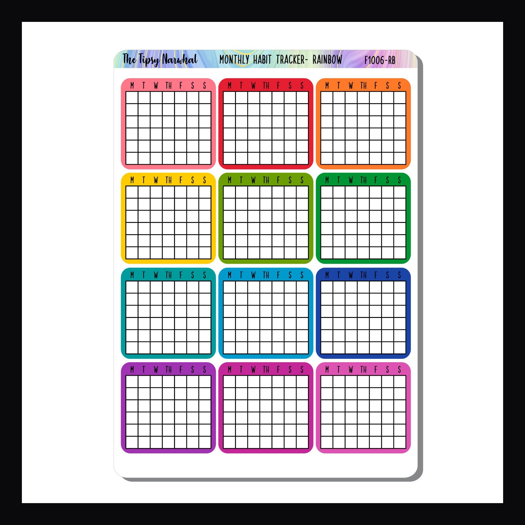 Monthly tracking stickers sheet, set of 12 monthly tracking stickers, one habit, 30 day stickers, 5 color palettes