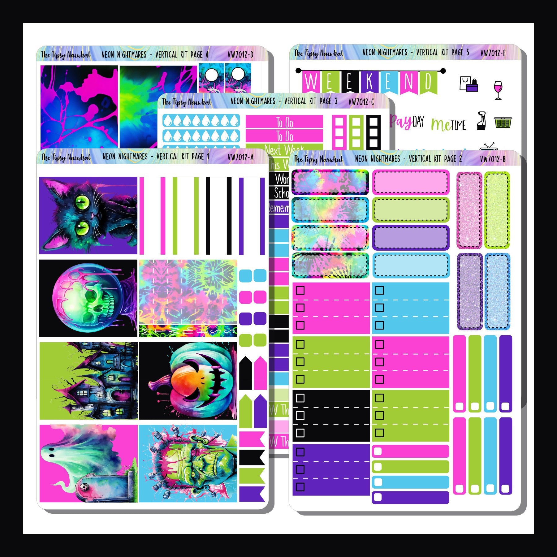 Neon Nightmares Vertical Kit is a 5 page sticker kit designed to fit most vertical style planners.  It features a Halloween theme done in a bright neon color palette.