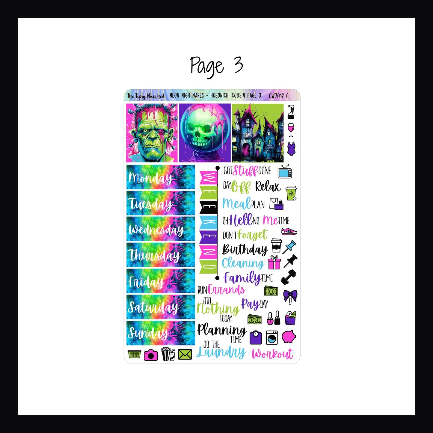 Neon Nightmares Hobonichi Cousin Kit page 3 features full deco boxes, daily date covers, script stickers and daily icon stickers.