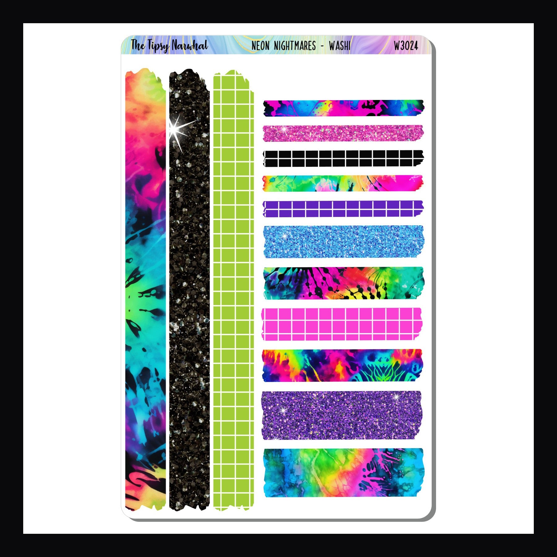 Neon Nightmares Washi Sheet is a 4.5 x 7 inch sticker sheet. It features 14 washi strip stickers in varying lengths and widths. Washi is designed to match the Neon Nightmares collection.