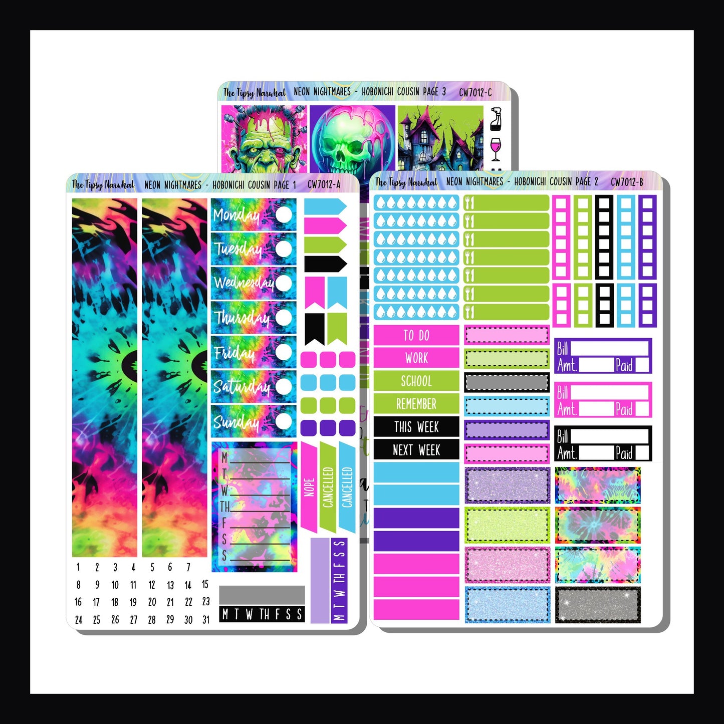 Neon Nightmares Hobonichi Cousin kit is a 3 page sticker kit designed to fit the Hobonichi Cousin planner. It features a Halloween theme in a bright neon color palette.