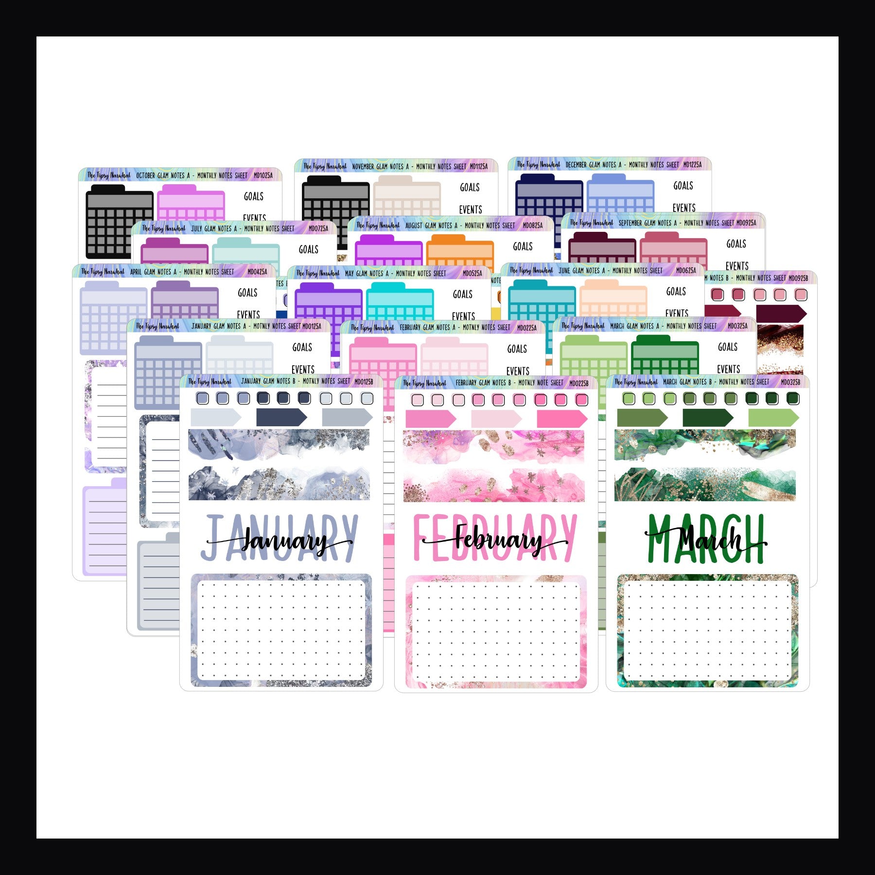 Glam Monthly Note Page Kits is a collection of 12 sticker kits designed for use on the monthly notes or dashboard pages featured in many planner systems. Available individually or as a set of 12. These coordinate with the Glam monthly kits.