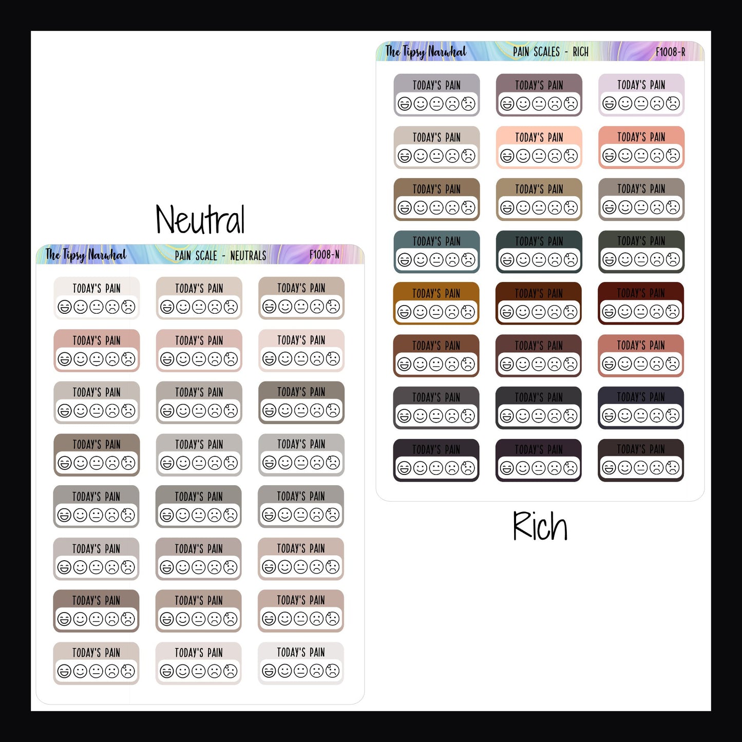 Digital Pain Tracking Stickers in the Neutral and Rich color palettes.