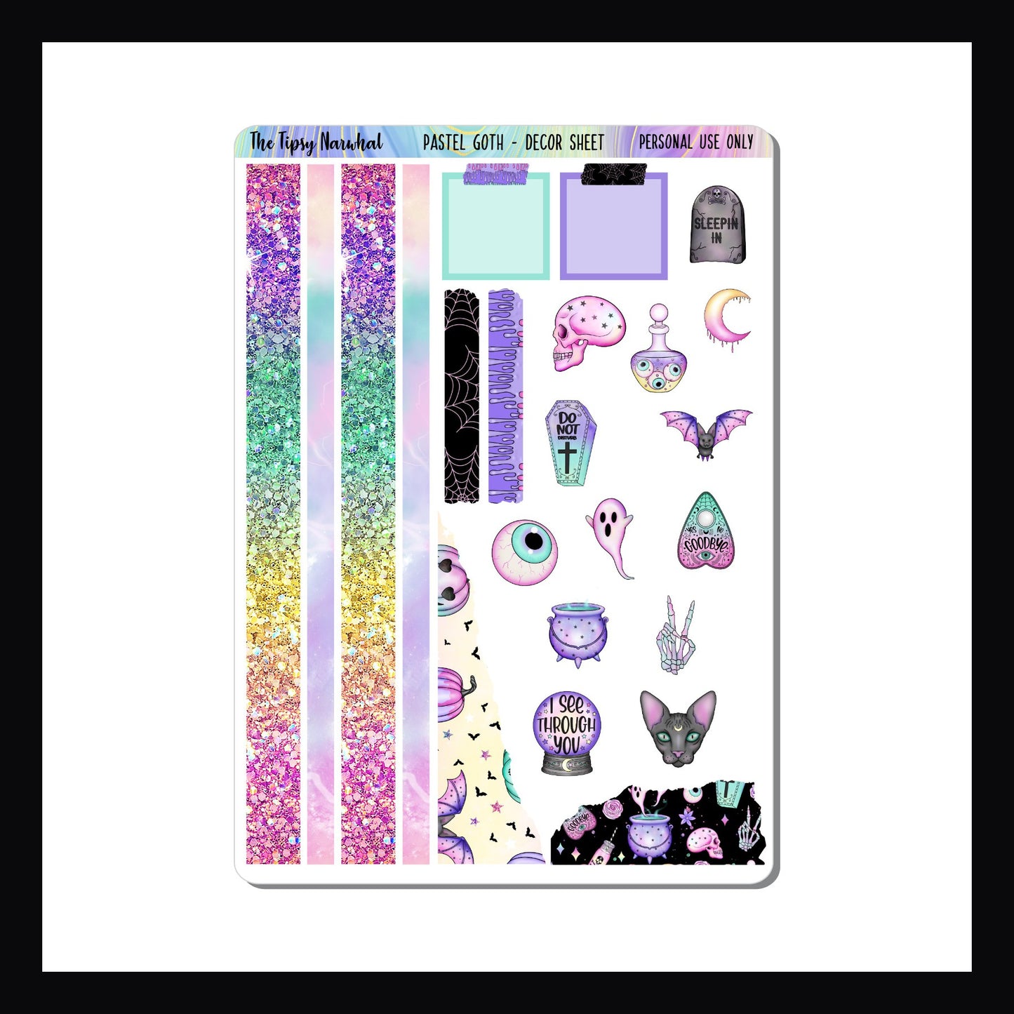 Digital Pastel Goth Decor Sheet is a digital/printable version of the Pastel Goth decor sheet. The sheet features multiple spooky goth stickers mixed with soft pastel colors.
