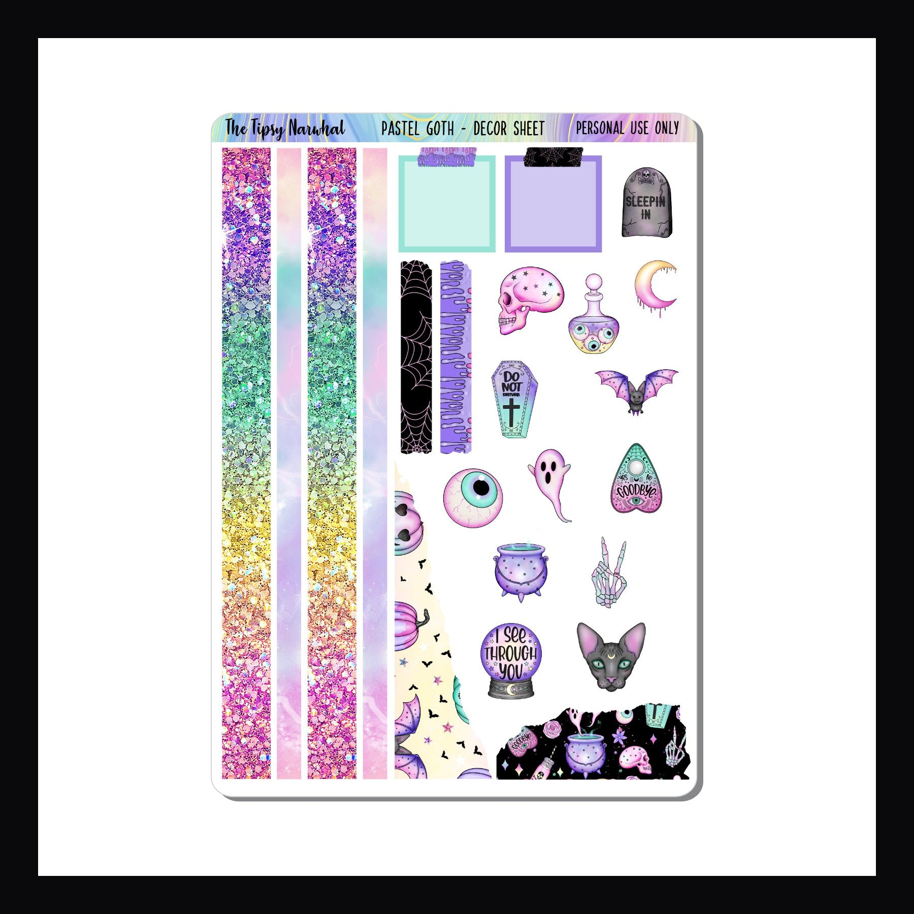 Digital Pastel Goth Decor Sheet is a digital/printable version of the Pastel Goth decor sheet.   The sheet features multiple spooky goth stickers mixed with soft pastel colors.