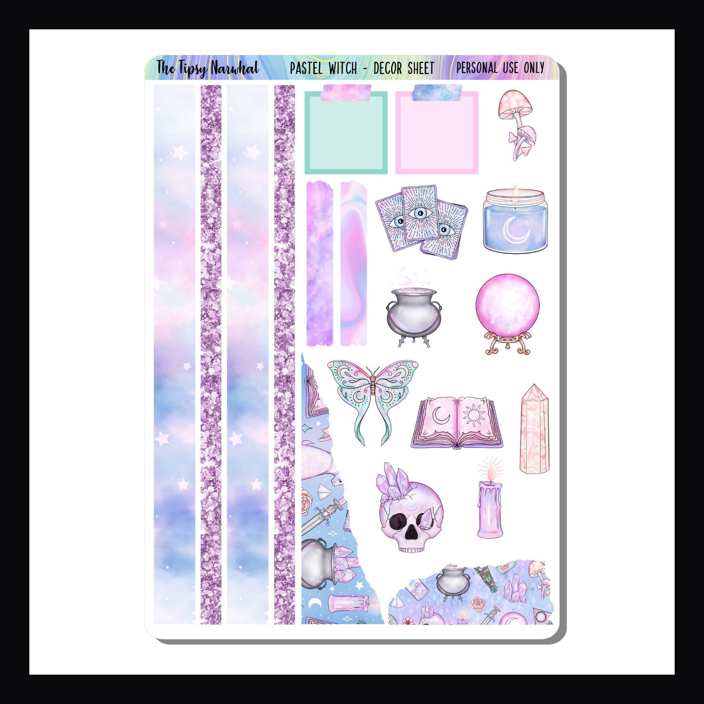 Digital Pastel Witch Decor Sheet is a digital/printable version of the Pastel Witch decor sheet. This sheet features multiple decor elements all which match the Pastel Witch kits.