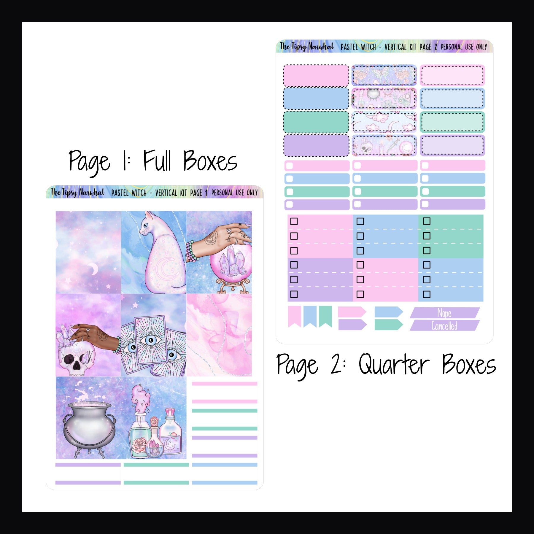 Digital Pastel Witch Vertical Kit pages 1 and 2.  Page 1 features full box deco stickers and quarter box stickers.  Page 2 features additional quarter boxes, skinny check boxes, cancellation stickers, page flags, and top 3 priority check list stickers.