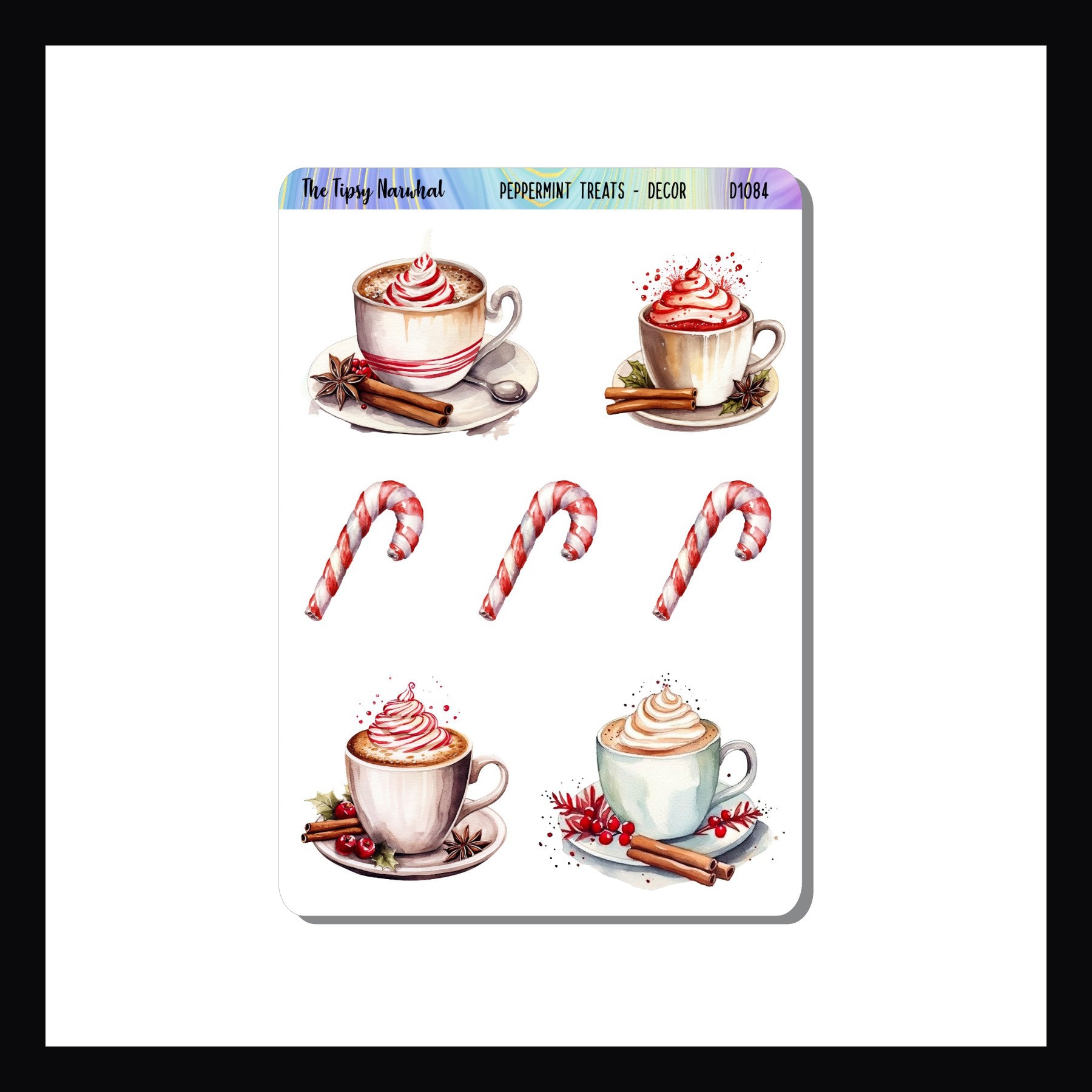 Peppermint Treats Decor is a 7- sticker sheet packed with images of candy canes and hot chocolate garnished with peppermint candy.  Sticker size dependent on the design.