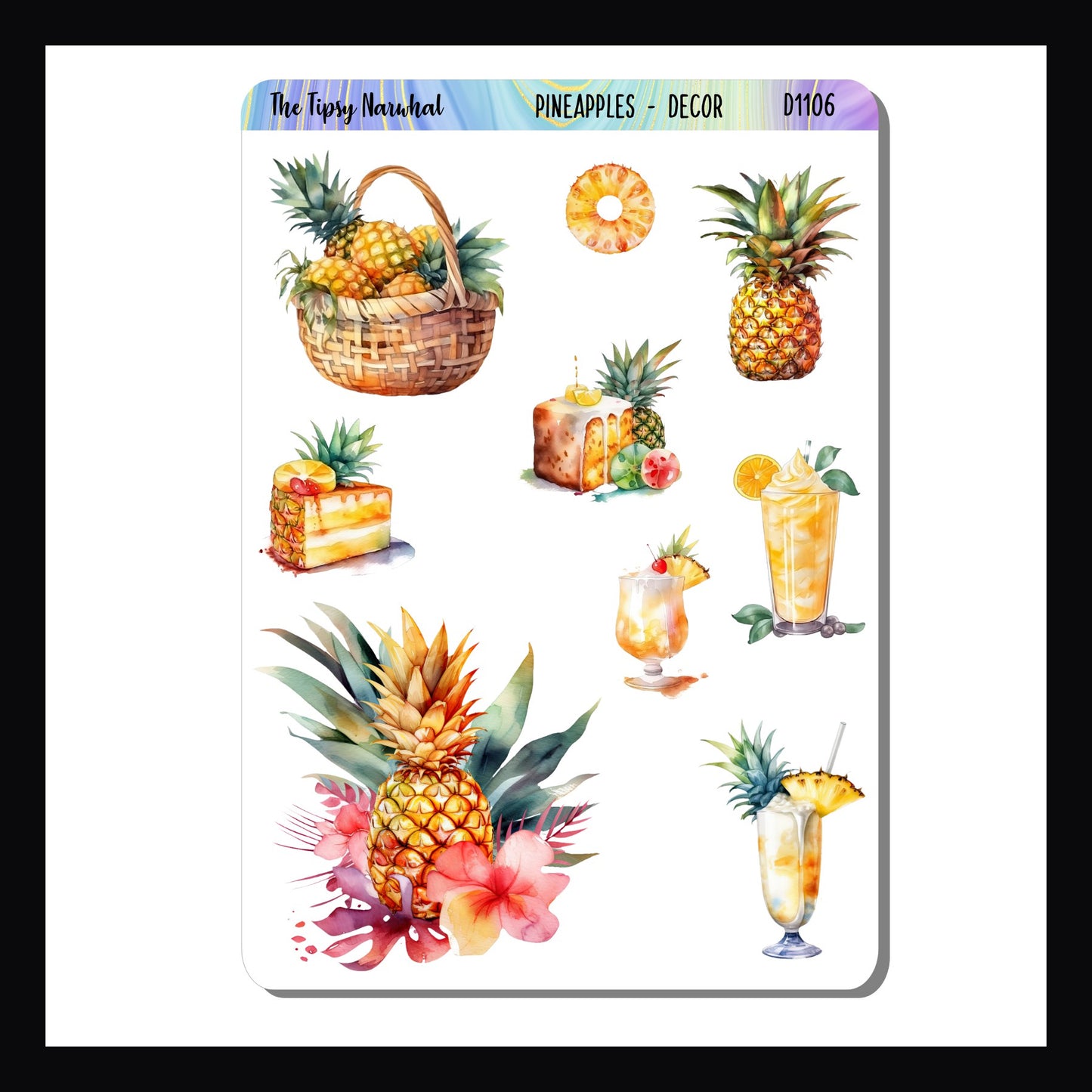 Pineapple Decor Sheet is a 3.5 x 5 inch sticker sheet. The stickers focus on pineapples from the fruit to tropical drinks and even some slices of upside down cake.